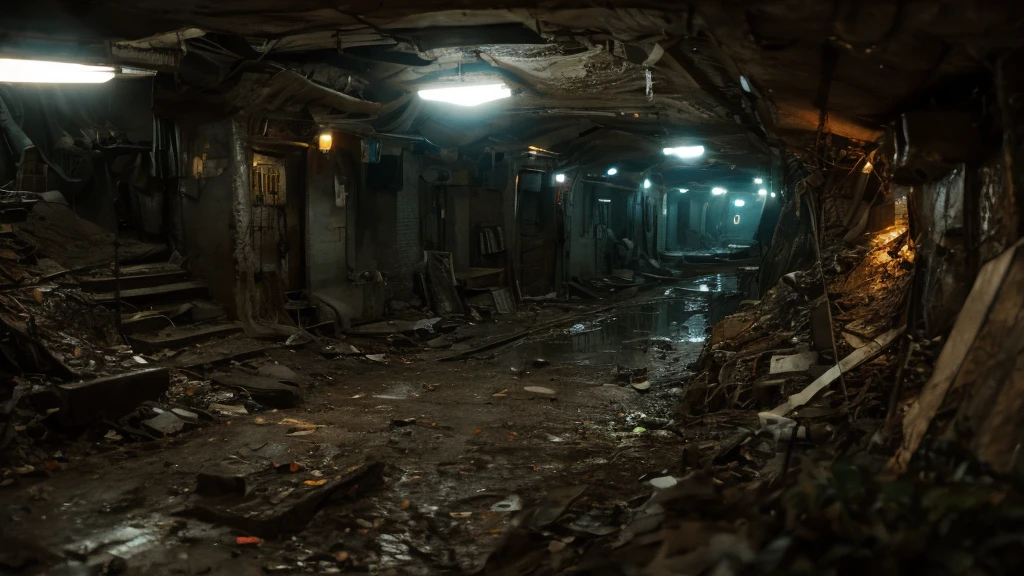 (Best quality,panorama,ultra detailed,A high resolution,masterpiece:1.2,)(((underground city))), streets filled with people and gloomy green smoke,post-apocalyptic,