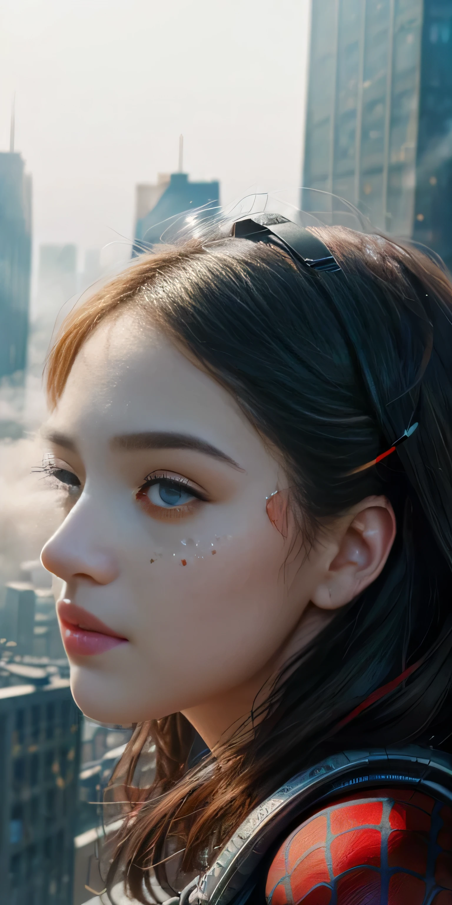 (1girl:1.3), Solo, (((Very detailed face)))), ((Very detailed eyes and face)))), Beautiful detail eyes, Body parts__, Official art, Unified 8k wallpaper, Super detailed, beautiful and beautiful, beautiful, masterpiece, best quality, original, masterpiece, super fine photo, best quality, super high resolution, realistic realism, sunlight, full body portrait, amazing beauty, dynamic pose, delicate face, vibrant eyes, (from the front), She wears Spider-Man suit, red and black color scheme, spider, very detailed city roof background, rooftop, overlooking the city, detailed face, detailed complex busy background, messy, gorgeous, milky white, highly detailed skin, realistic skin details, visible pores, clear focus, volumetric fog, 8k uhd, DSLR, high quality, film grain, fair skin, photo realism, lomography, futuristic dystopian megalopolis, translucent, full nudity, genitals