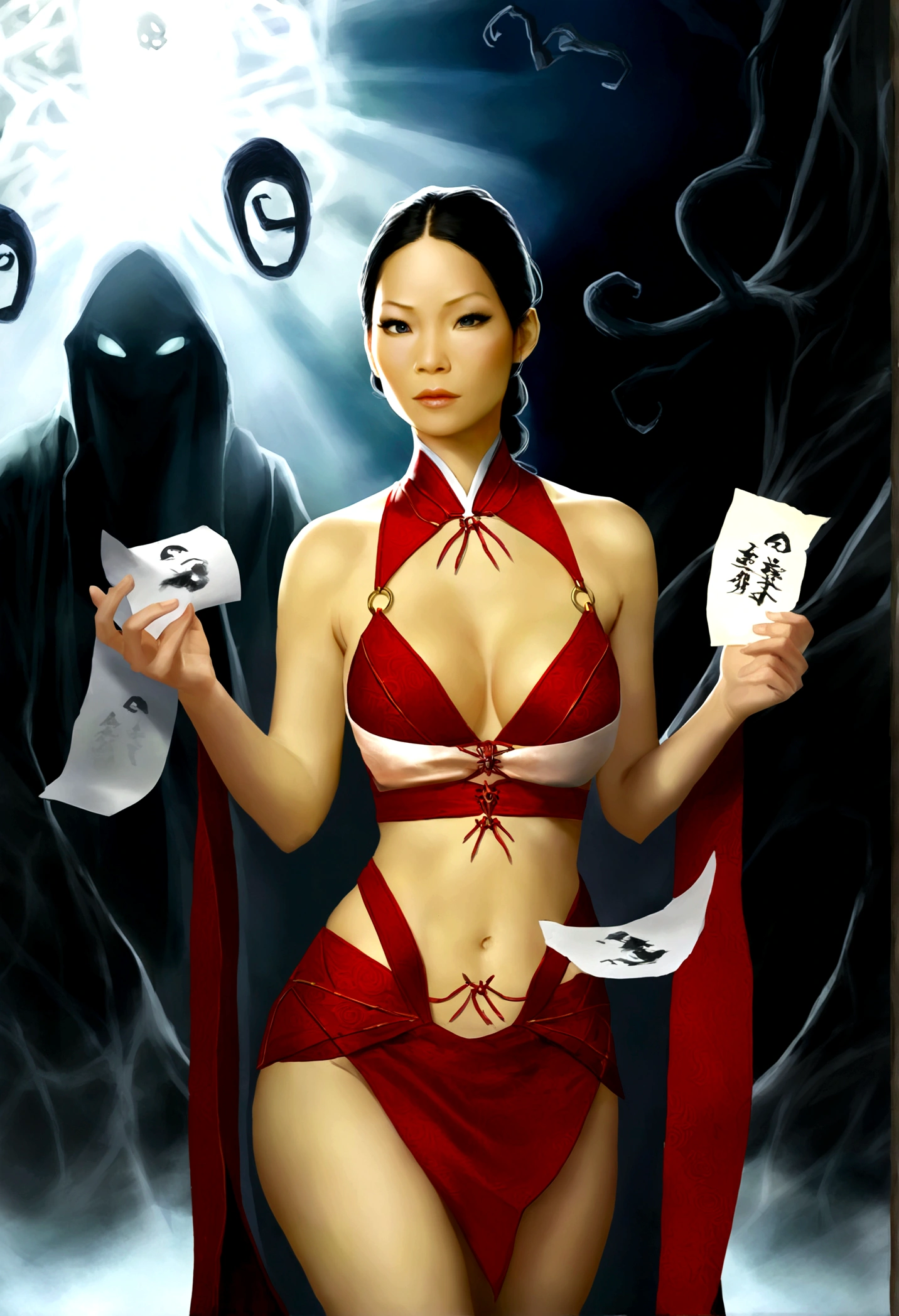 Lucy Liu, age 25, (bright red sexy asian witch lingerie (stomach exposed, breast drapes) wielding spells (strips of paper with kanji), approaching a spooky ghost with many tentacles
