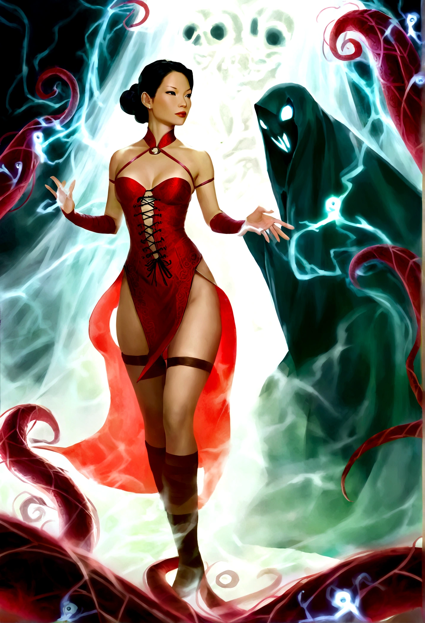 Lucy Liu, age 25, (bright red sexy asian witch lingerie (stomach exposed, breast drapes) wielding spells (strips of paper with kanji), approaching a spooky ghost with many tentacles