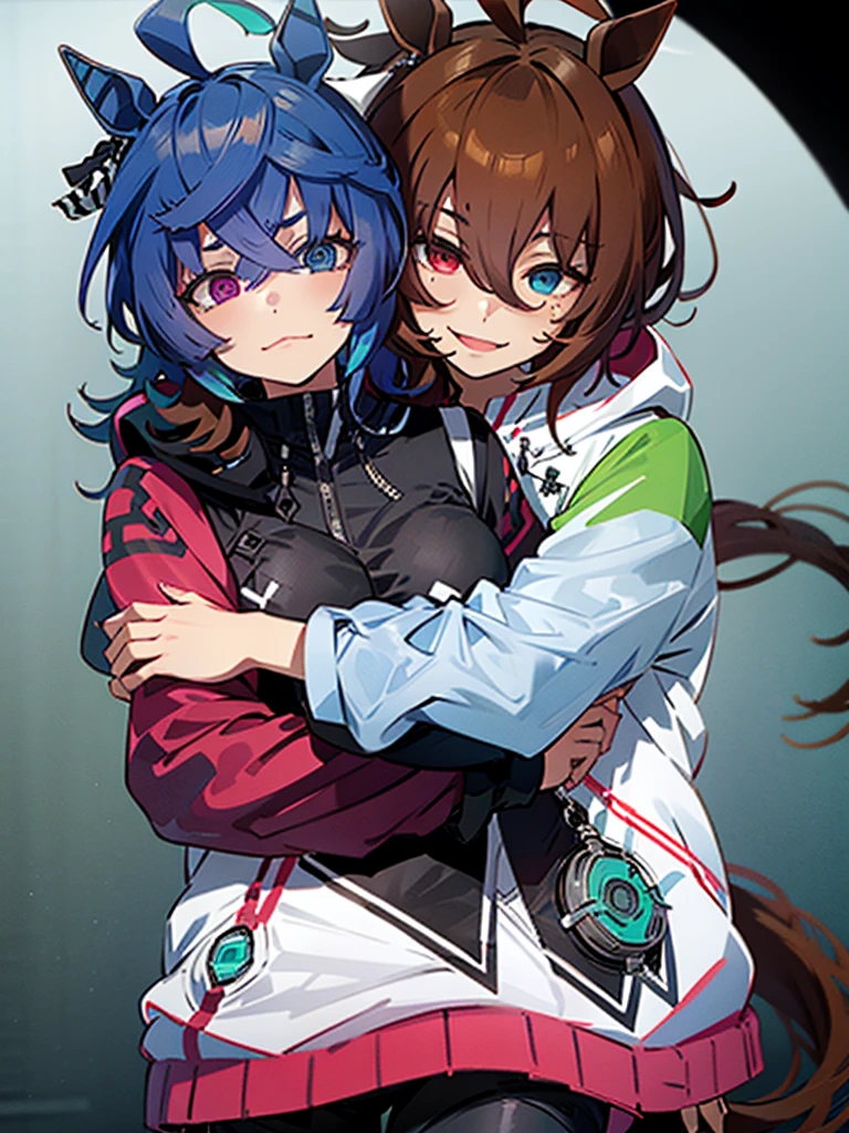 (top-quality、hight resolution), Create an image of LoRa①'s character and LoRa②'s character embracing each other warmly. The scene should convey a sense of affection and intimacy, with both characters displaying expressions of comfort and happiness. The background can be a neutral setting to focus on the emotional connection between the two characters. Twin_Turbo_Umamusume, aqua hair, twintails, heterochromia, purple eyes, blue eyes, sharp teeth, multicolored hoodie, black leggings, agnes tachyon (umamusume)