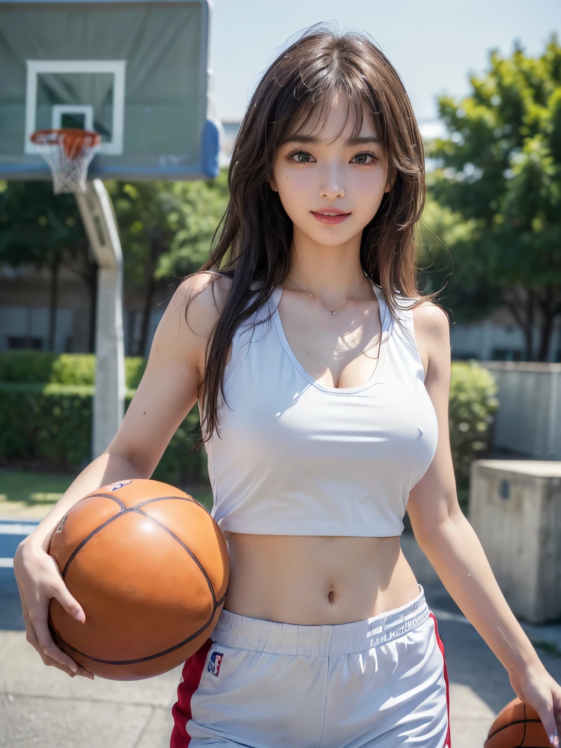 ((masterpiece: 1.3),8K, Realistic, RAW Photos, Highest quality: 1.4), (One Girl), beautiful顔, (Realistic Face), (Brown long hair: 1.3), bangs, Anatomically correct fingers、Anatomically correct hand、(((gym)))、((((Basketball uniform、Tank top、Cleavage、basketball、belly button、Sweat))、Perfect dynamic composition,(High quality with attention to detail, Realistic depiction of eyes:1.3)、whole body、21talent、beauty、Well-formed face、Bandidium Build、Balanced ratio、beautiful足、Fresh face、beautiful景色、beautifulヘアスタイル, (bangs), (smile), smile, Realistic eyes, Gloss, highlight, highlight in the Eyes, eyelash, 目の中のbeautifulディテール, (Realistic Skin), Shooting from the air、beautiful肌, Transparency、(beautiful)、 bust, smile, teeth, Confused, charm, 超High resolution, Ultra-realistic, High resolution, Golden Ratio, Clear eyes, Wet, Mole, Looking into the camera, ear, Shine, Long neck, double eyelid, Big eyes, cheek, kind character, charm personality, kind, Move, 圧倒的なcharm, bright personality