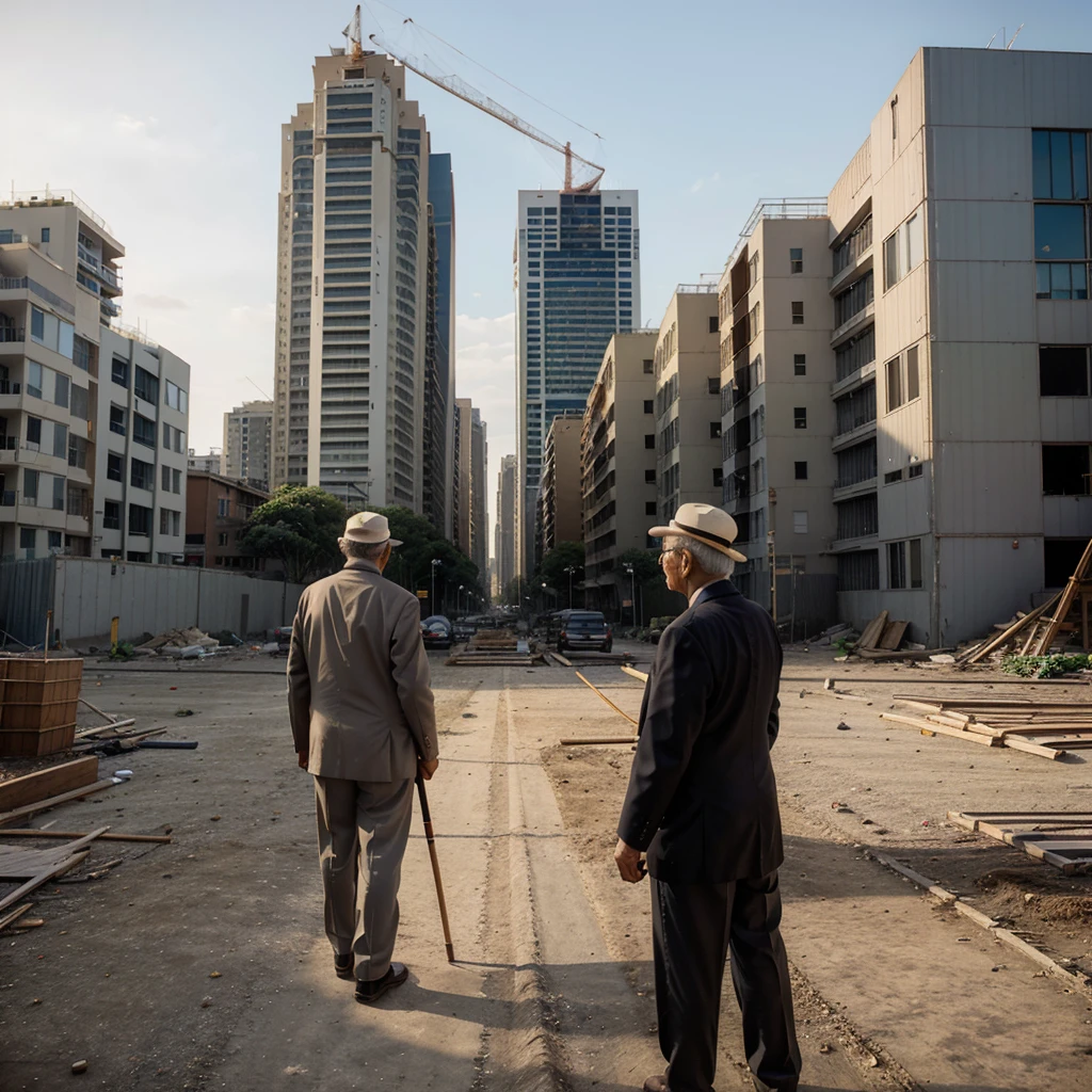 An image of a retiree in his 70s, well dressed, with a cane, looking back at the construction of a block of buildings, without being finished, with tall construction cranes