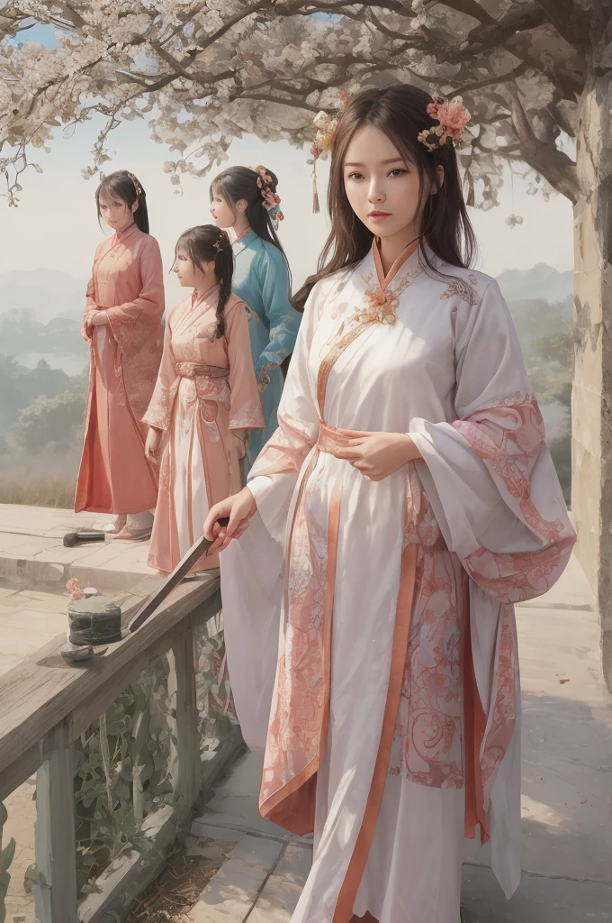 best quality, masterpiece, highres,3girls,Beautiful face,full body,chinese clothes,white Taoist robes,right hand hold sword with (Gorgeous ornamentation),peach trees,