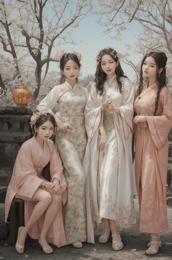 best quality, masterpiece, highres,3girls,Beautiful face,full body,chinese clothes,white Taoist robes,right hand hold sword with (Gorgeous ornamentation),peach trees,