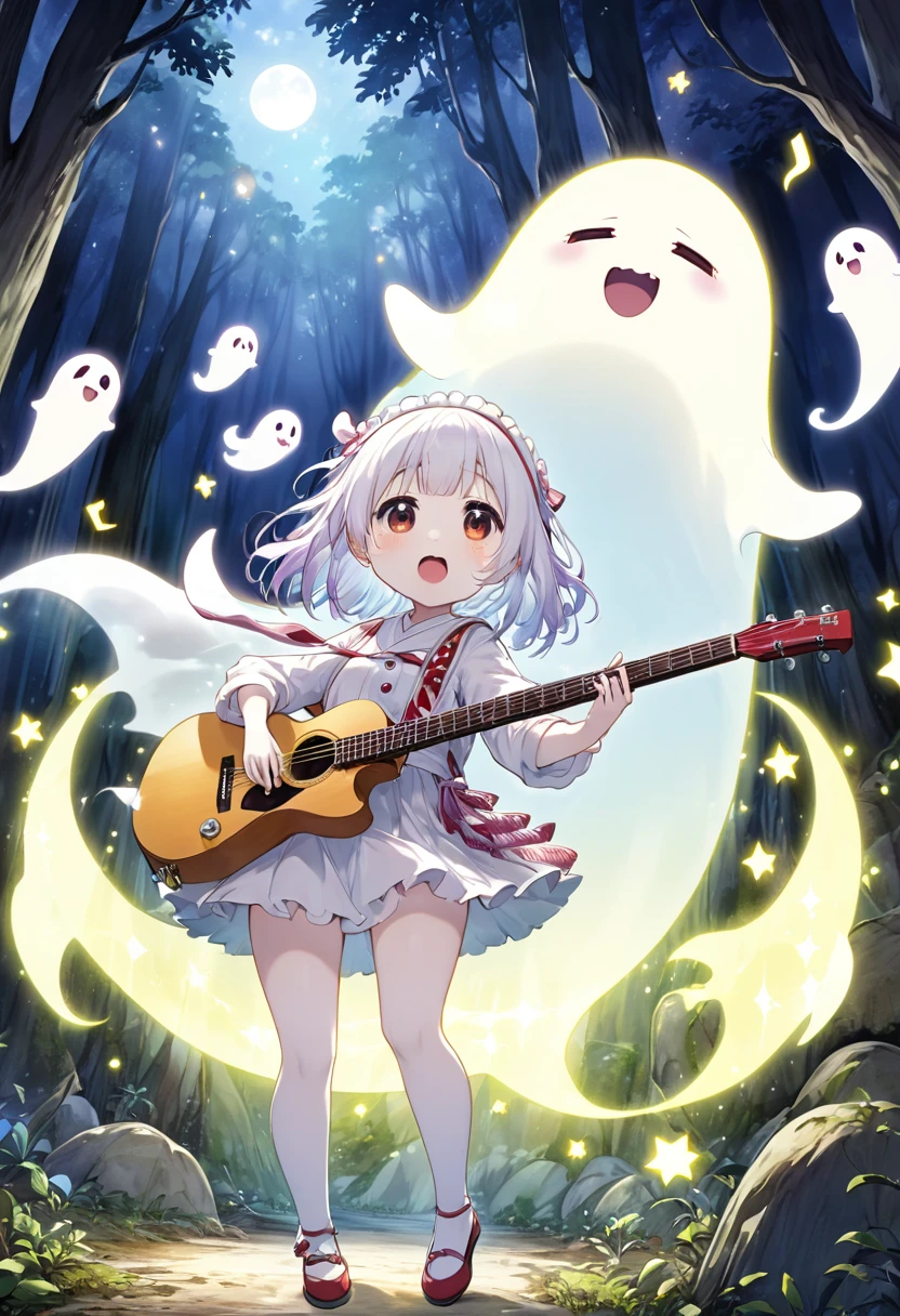 best quality, super fine, 16k, 2.5D, delicate and dynamic depiction, cute ghost live performance, singing, dancing notes, playing modified guitar, deep forest cave illuminated by moonlight, Shigeru Mizuki's art style, rough and cute illustrations, cute ghost fantasy, sparkling effects, ghost effects