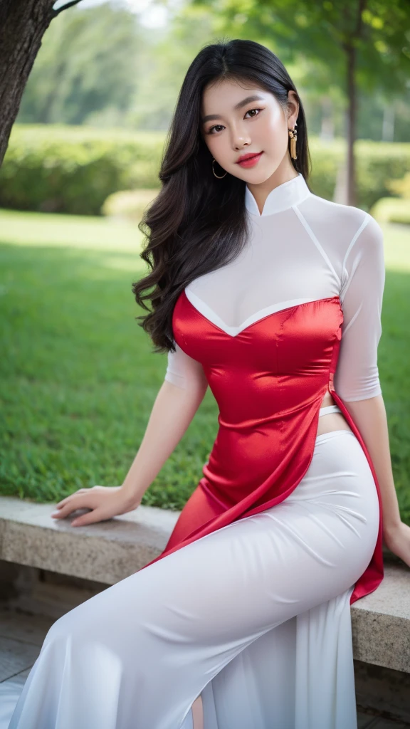 detailed body, attractive body, perfect human body, realistic face,
(ultimate quality, masterpiece, highres:1.0), realistic:1.6, photorealistic,
[8k UHD photos, UHD high quality photos, Super detailed and super clear images],
Close-up of a Vietnamese girl with a detailed body, attractive body, perfect human body, realistic face,
(ultimate quality, masterpiece, highres:1.0), realistic:1.6, photorealistic,
[8k UHD photos, UHD high quality photos, Super detailed and super clear images],
Close-up of a Vietnamese girl with a beautiful face, tall and beautiful like a photo model,
, leggy, round face, big round eyes, Charming smile, Red lips, long curly eyelashes, big dimples, pointed chin, plump face, bright white skin, slim waist and long legs, wearing rings and earrings,
 Her face resembles Tuyet Linh, Tall and plump figure, wearing a super bright and shiny white satin ao dai, inside wearing red bra, sitting in the swimming pool, cute pose, wearing red bra inside,
Super shiny satin ao dai, satin ao dai, sitting on the brench in the park, cute pose,
Super shiny satin ao dai, wearing see-through ao dai, wearing red bra inside,