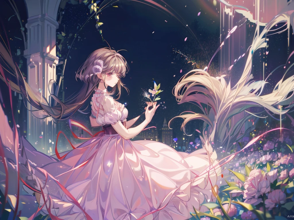 (masterpiece, Absurd quality, Highest quality, Official Art, beautifully、aesthetic, light blue:1.2), (dark:1.5), Shining art,16K, detailed, Curvaceous, (Abstract background:1.5), (Blurred Background:1.5), Cinema Lighting, Golden Ratio, Beautiful lighting, Zhou Haoguang, Particles of light, Realistic Shadows,Soft lighting, Cute girl, 非常にdetailedな, colorful, 最もdetailedな, pastel colour, (Conversion Sequence), Baby Face, Cinema Lighting, Cowboy Shot, View your viewers, landscape, scenery, scenery, Flower Field, lipstick, (eyelash:1.5), 非常にdetailedな顔, (Pale skin:1.2), (Perfect Legs, Perfect hands, Perfect Anatomy),Depth of written boundary, Speckled sunlight, Beautiful lighting, (alone:1.5), Floating Hair, (floating cloth:1.2), ,detailedな肌, 最もdetailedな face, Particles of light, Volumetric lighting, Intricate details, 細かくdetailedに, (Royal Society:1.5), (hair ornaments:1.2), Red choker, (Pale pink dress:1.2), (Voluminous ruffled skirt,:1.7), (Voluminous panniers:1.5), (lipstick:1.2), Shiny skin, Shiny Hair, Shining Face, (Shiny skin:1.2), (Shiny clothes:1.2), Abandoned building, Speckled sunlight, Outstretched arms, Renaissance period, (beautifully繊細な茶色の目:1.5), Religious paintings, (From the side:1.5), (From below:1.5), (Large Breasts:0.7), Beautiful breasts, A girl around 15 years old, Remaining, Dutch Angle, Sparkly Background, Overgrown, (ancient ruins:1.2), Dynamic Angle, (Translucent clothing:1.2), Outstretched Hand, Are standing, Abandoned, profile, Short sleeve,