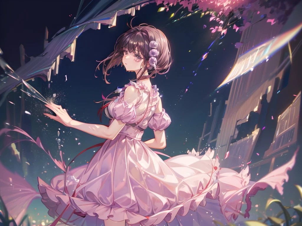 (masterpiece, Absurd quality, Highest quality, Official Art, beautifully、aesthetic, light blue:1.2), (dark:1.5),　Shining art,16K, detailed, Curvaceous, (Abstract background:1.5), (Blurred Background:1.5), Cinema Lighting, Golden Ratio, Beautiful lighting, Zhou Haoguang, Particles of light, Realistic Shadows,Soft lighting, Cute  girl, 非常にdetailedな, colorful, 最もdetailedな, pastel colour, (Conversion Sequence), Baby Face, Cinema Lighting, Cowboy Shot, View your viewers, landscape, scenery, scenery, Flower Field, lipstick, (eyelash:1.5), 非常にdetailedな顔, (Pale skin:1.2), (Perfect Legs, Perfect hands, Perfect Anatomy),Depth of written boundary, Speckled sunlight, Beautiful lighting, (alone:1.5), Floating Hair, (floating cloth:1.2), ,detailedな肌, 最もdetailedな face, Particles of light, Volumetric lighting, Intricate details, 細かくdetailedに, (Royal Society:1.5), (hair ornaments:1.2), Red choker, (Pale pink dress:1.2), (Voluminous ruffled skirt,:1.7), (Voluminous panniers:1.5), (lipstick:1.2), Shiny skin, Shiny Hair, Shining Face, (Shiny skin:1.2), (Shiny clothes:1.2), Abandoned building, Speckled sunlight, Outstretched arms, Renaissance period, (beautifully繊細な茶色の目:1.5), Religious paintings, (From the side:1.5), (From below:1.5), (Large Breasts:0.7), Beautiful breasts, A girl around 15 years old, Remaining, Dutch Angle, Sparkly Background, Overgrown, (ancient ruins:1.2), Dynamic Angle, (Translucent clothing:1.2), Outstretched Hand, Are standing, Abandoned, profile, Short sleeve,