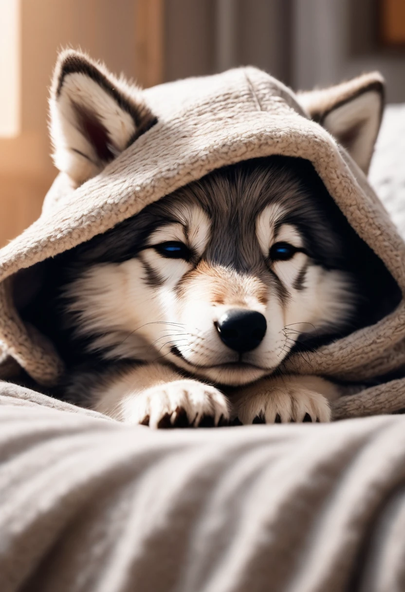 “A cute Wolf pup wearing a hoodie, sleeping peacefully. The pup is small, fluffy, and looks very cozy in a soft, well-lit environment, perhaps on a comfortable bed or a blanket.”
