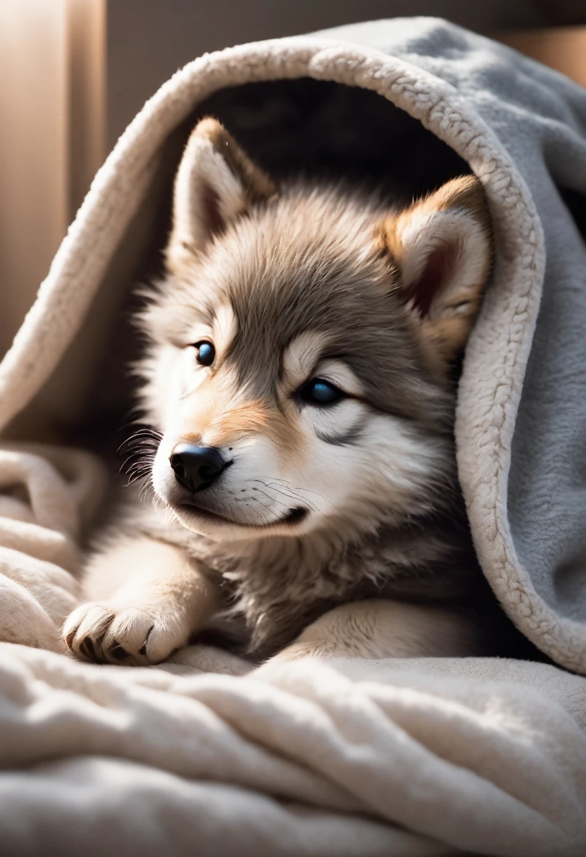 “A cute Wolf pup wearing a hoodie, sleeping peacefully. The pup is small, fluffy, and looks very cozy in a soft, well-lit environment, perhaps on a comfortable bed or a blanket.”
