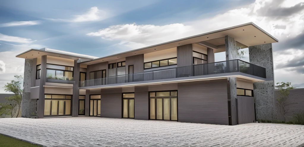 modernvilla,architecture,woodandbrick,woodandbrick,Architecture,house,exterior,a HOUSE UNDER BRILLIANT SUNLIGHT:1.4,tropical trees :1.2,beautiful tropical garden,tropical plants and trees,daylight:1.4,EXterior MODERN VILLA, RAW photo, (realistic:1.2) 8k uhd, ,High quality, best quality,super detail, dslr, glass facade, stone, green grass on ground, modern house, contemporary buiding, surrounding tree, indoor light, soft shadow,soft lighting, high quality, film grain, Fujifilm XT3,(daylight:1.4),(BEAUTIFUL SKY:1.2), (TROPICAL TREES background:1.4),(FLAT ROOF:1.4),(REFLECTIVE GLASS railing:1.4),SOME LARGE TREES CLOSE-UP VIEW LOCATION,(The yard is paved with natural gray tiles with slight reflections:1.4), a few patches of grass,no clouds