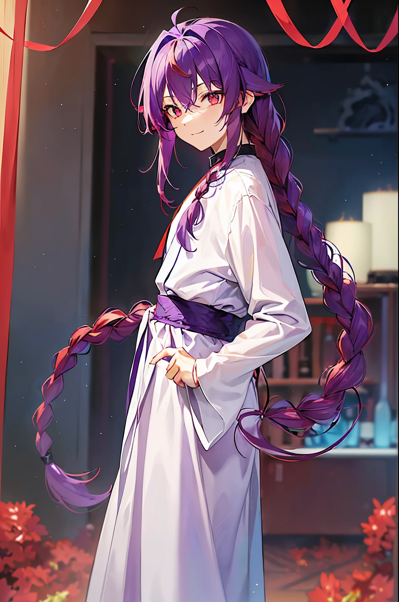 (((Purple Hair、Dye the inside of your hair red、Long Hair、Knot、Braid、Bright red eyes)))A man wearing a black robe、Smiling young man、Man standing facing forward、（（（A boy standing with a stick）、（White background）、{{masterpiece}}, The best quality of life、Fox ears、Fox&#39;s Tail、Fantasy、Nine-tailed tail、Magatama necklace