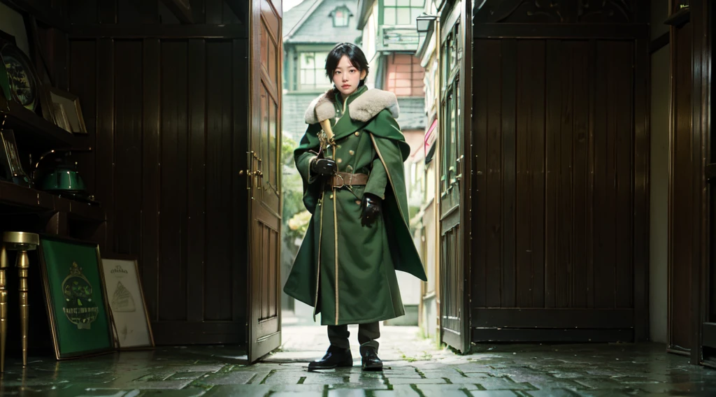 yuichiro hyakuya, (WithoutFear:1), 1 boy, black hair, green eyes, brown coat, gray armor, green shield, green cloak, dark brown gloves, town, white fur trim, anime, standing, good quality, portrait, looking at viewer