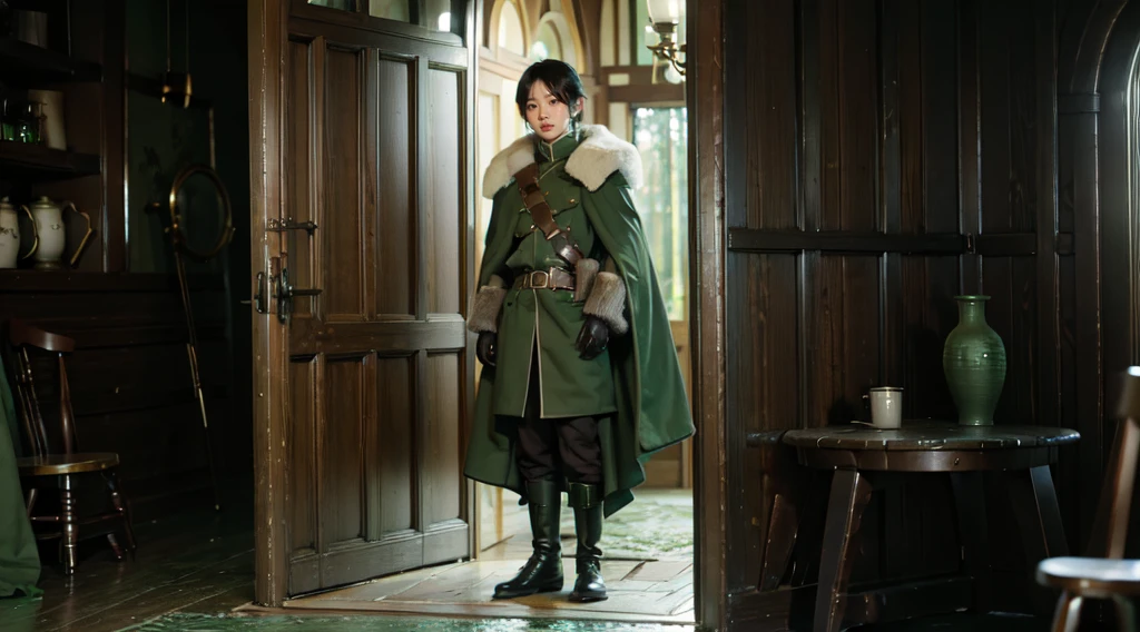 yuichiro hyakuya, (WithoutFear:1), 1 boy, black hair, green eyes, brown coat, gray armor, green shield, green cloak, dark brown gloves, town, white fur trim, anime, standing, good quality, portrait, looking at viewer