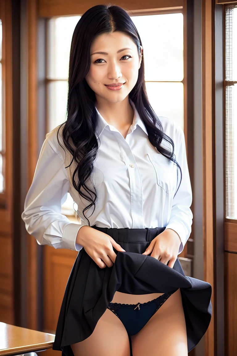 (Highest quality、Tabletop、Best image quality、Award-winning works。Ultra-high resolution、8K)、1 female teacher、30-year-old woman、Mature Woman、Beautiful illustrations、 (Natural Side Lighting、Great cinema lighting)、Written boundary depth、Look at me、 Upper body photo、Front view, Perfect Face, Beautiful symmetrical face, Shiny skin,Beautiful Hair, Accentuate your body lines、 Beautiful thighs、 (White polyester button-up shirt:1.2)、(A tight skirt with no pleats made of black melton fabric:1.2)、(Beautiful romantic sunset:1.1)、(Tyndall effect:1.1)、evening, (School classroom blurred background:1.2), Are standing, (Lifting her uncreased skirt to show her panties:1.5)