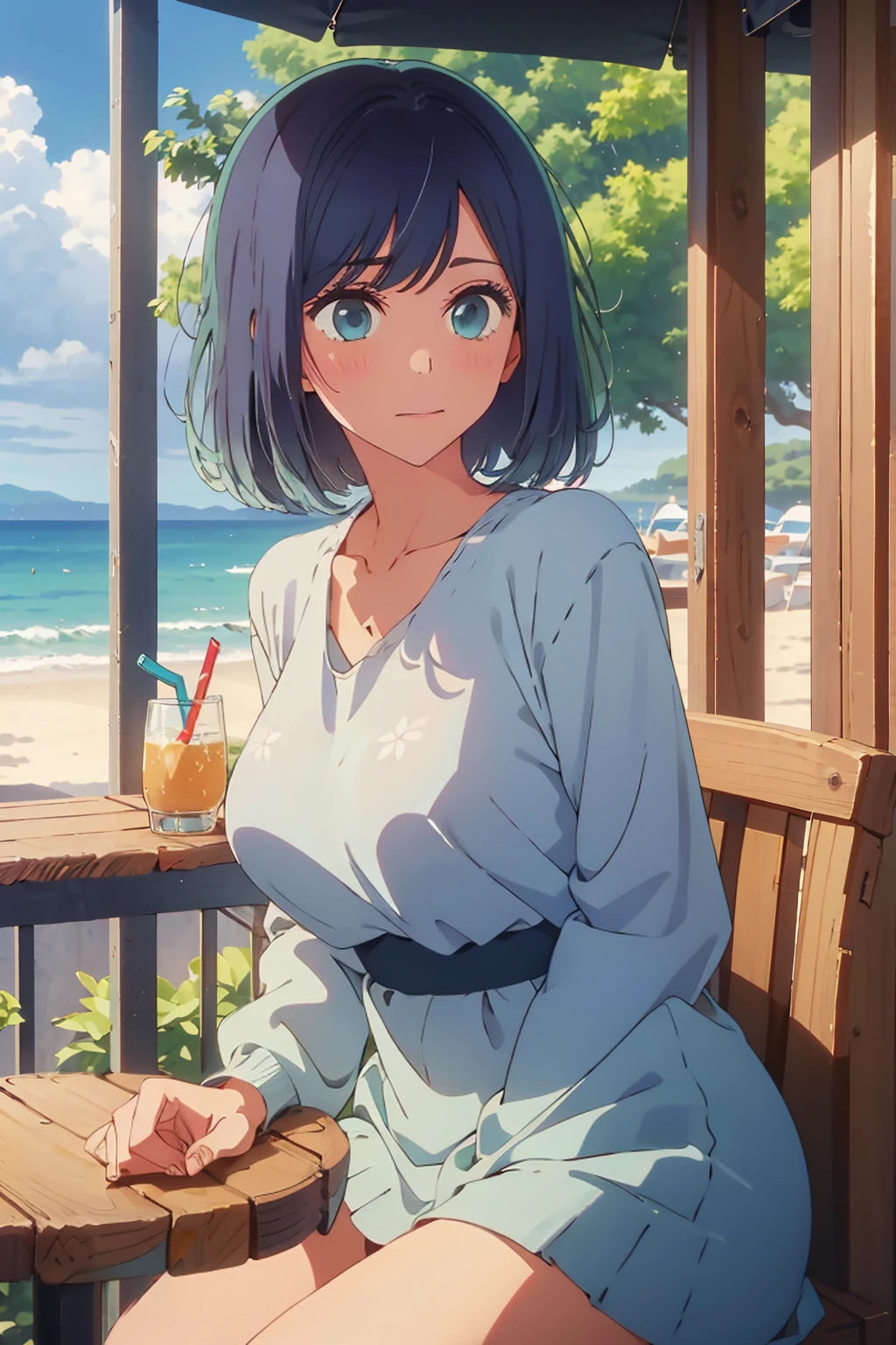 (Highest quality:1.4、masterpiece:1.4、Very detailed:1.4、8K:1.4)、((((1 person、Surprised expression、sit、Outdoor cafe terrace、Coastal、juice、table、Sandy Beach、juiceのグラスを持つ、naked、Very soft boobs、Big eyes、Very cute face))))、F cup bust、Mid-chest