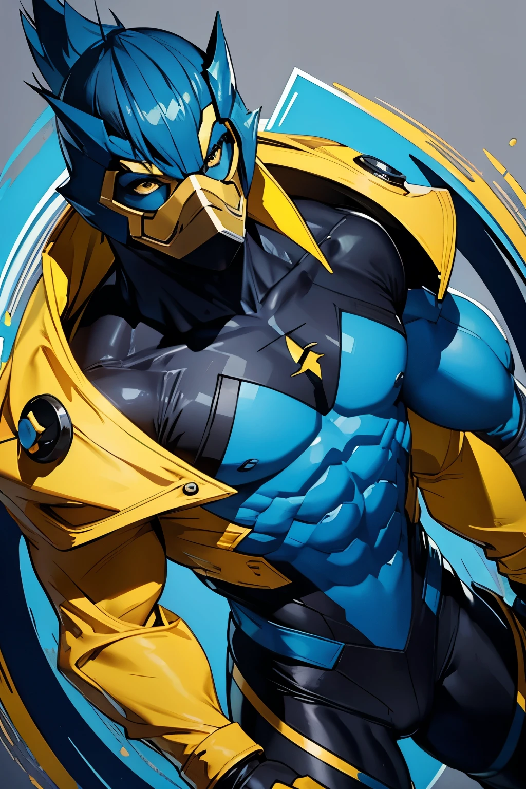 a duck mutant with a blue and black costume and blue mask and yellow hair, with a human body