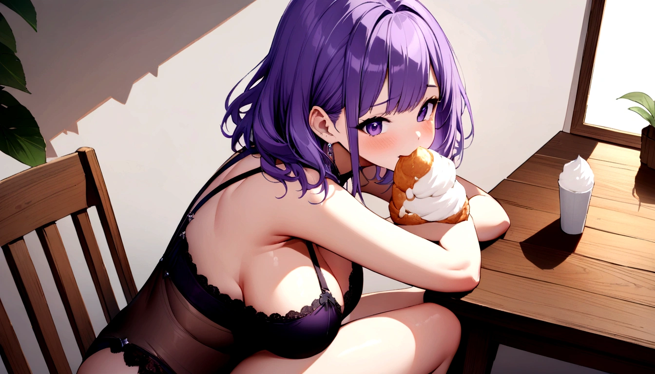 Tabletop, Highest quality, shape, Very detailed, In detail, High resolution, 8k wallpaper, Perfect dynamic composition, Beautiful attention to detail, ,Medium Hair、Natural color lips, Bold sexy pose,((One purple-haired 20-year-old girl))、Small underwear、Big Breasts、Big Ass、Sitting on a chair eating soft serve ice cream、smile、cute、sexy shot looking at camera、Embarrassed expression