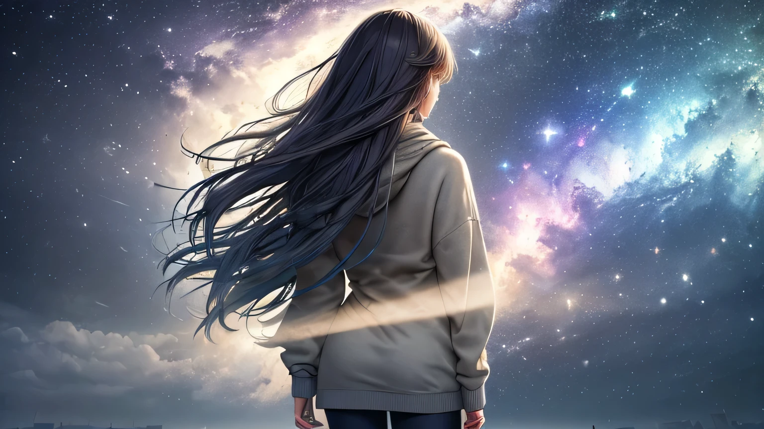 (masterpiece:1.5),(highest quality:1.5),(HDR:1.3),ambient light,ultra-high quality,(ultra detailed original illustration),8k,(((1 girl, back view:1.2))),A lone figure,around 16 with hair like spun moonlight,sits huddled amidst a whirlwind of papers,each sheet filled with harsh,neon-bright words that pierce the otherwise muted color palette. She is clad in a simple,oversized grey sweater and leggings,her face hidden as she clutches a single,wilting sunflower,its once vibrant yellow dulled like a forgotten promise. The overall style is a blend of realism and abstract,the girl rendered in soft lines and muted colors while the words around her are sharp-edged and jarring,reflecting the overwhelming weight of societal expectations and the feeling of being lost in the storm of 'shoulds'.emotions,reflecting the challenges and beauty within transformation.,