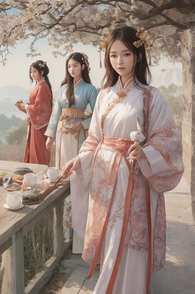 best quality, masterpiece, highres,3girls,Beautiful face,full body,chinese clothes,white Taoist robes,right hand hold sword with (Gorgeous ornamentation),peach trees,
