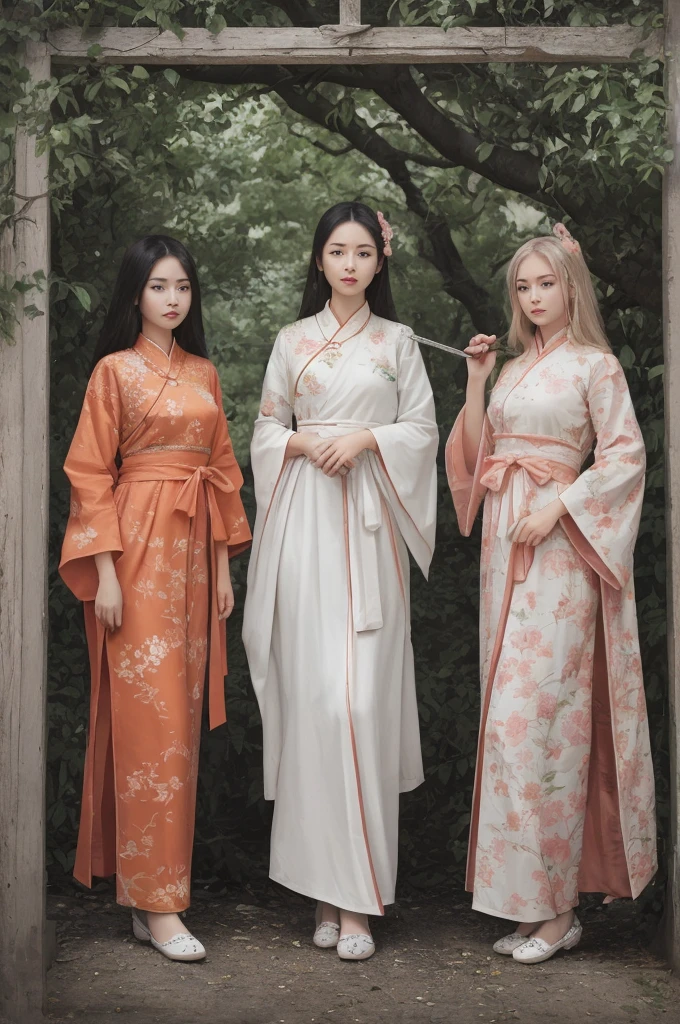 best quality, masterpiece, highres,3girls,Beautiful face,full body,chinese clothes,white Taoist robes,right hand hold sword with (Gorgeous ornamentation),peach trees,