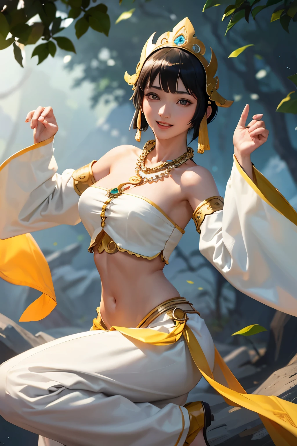 Tripitaka Monk、Sanzang Fashi、Unparalleled in the Three Kingdoms、Unparalleled OROCHI、No sleeve、Chest band、Navel sticking out、Pale green loose pants、Black Hair、Bobcut、tiara、beads necklace、Sleeves longer than the arms、smile、Dance（（（ＳＦＷ、sound、Highest quality、first-clasasterpiece、Normal body、8K、Detailed face、Ultra-precision、Normal hand、Normal finger、５Finger、Highest）））