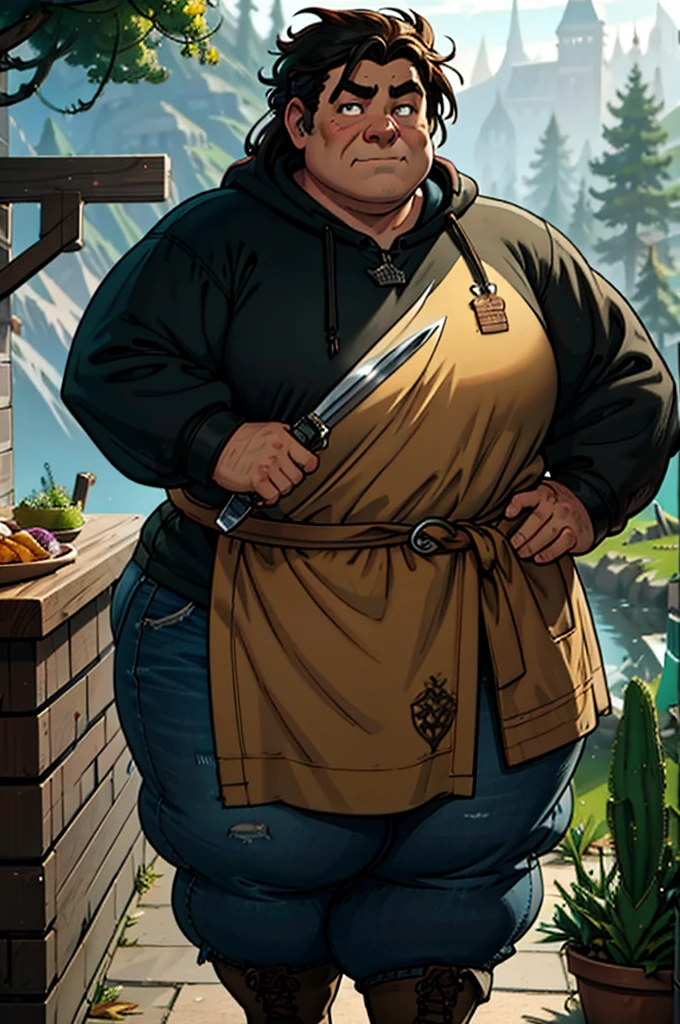 a cartoon image of a man with a knife in his hand, big Metzger man posing scarily, Ogre chef in an apron, Illustration concept art, extremely realistic concept art, realistic character concept art, He has big knives on his belt, Concept art illustration, Concept art by Greg Rutkowski, extremely detailed concept art, Metzger, professional concept art, senior concept artist