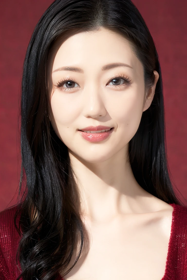 (Highest quality、Tabletop、8k、Best image quality、Award-winning works)、One beautiful woman、Beautiful and elegant long hair、Beautiful black hair、(alone:1.1)、(The perfect burgundy V-neck long sleeve knit:1.4)、(The simplest solid color background:1.4)、とてもLarge Breasts、Accentuate your body lines、Beautiful and exquisite、look at me、(Perfect Makeup:1.1)、Bright lipstick、Ultra-high definition beauty face、Ultra HD Hair、Ultra HD Shining Eyes、Ultra High Resolution Perfect Teeth、Super high quality glossy lip、Accurate anatomy、Very beautiful skin、Glowing skin in ultra-high resolution、An elegant upright posture when viewed from the front、(very bright and vivid:1.2)、(Slender body:1.2)、(Cleavage:1.1)、(Large Breasts:1.1)、Shiny, Bright lipstick、(Face close-up:1.3)、(50 year old mature woman:1.4)、(Wrinkled face:1.3)