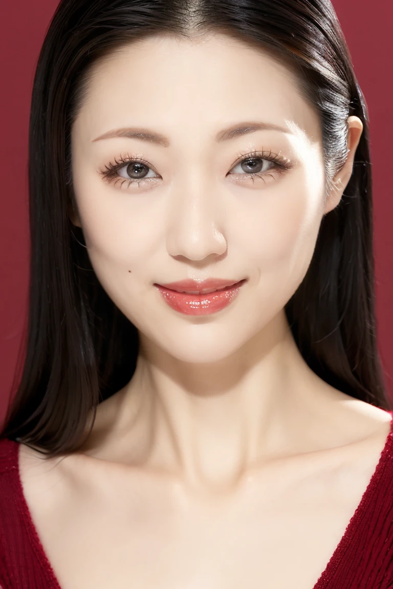 (Highest quality、Tabletop、8k、Best image quality、Award-winning works)、One beautiful woman、Beautiful and elegant long hair、Beautiful black hair、(alone:1.1)、(The perfect burgundy V-neck long sleeve knit:1.4)、(The simplest solid color background:1.4)、とてもLarge Breasts、Accentuate your body lines、Beautiful and exquisite、look at me、(Perfect Makeup:1.1)、Bright lipstick、Ultra-high definition beauty face、Ultra HD Hair、Ultra HD Shining Eyes、Ultra High Resolution Perfect Teeth、Super high quality glossy lip、Accurate anatomy、Very beautiful skin、Glowing skin in ultra-high resolution、An elegant upright posture when viewed from the front、(very bright and vivid:1.2)、(Slender body:1.2)、(Cleavage:1.1)、(Large Breasts:1.1)、Shiny, Bright lipstick、(Face close-up:1.3)、(50 year old mature woman:1.4)、(Wrinkled face:1.3)