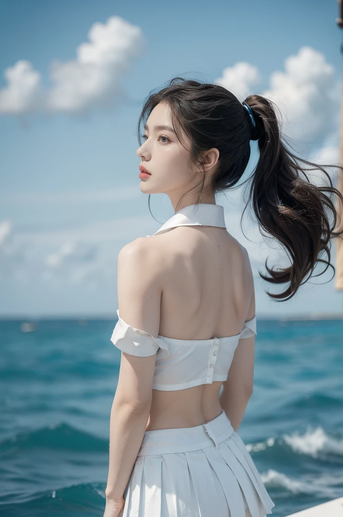 (((best quality))),(((ultra detailed))),(((masterpiece))),illustration,((1girl,naval officer,solo)),(short ponytail:1.2),((slim,thin)),((shoulder off,strapless,bare back,towering hips,butt crack)),(white collared short-sleeved shirt:1.3),(white pleated skirt:1.2),(slender legs:1.2),vibrant colors,ocean background,(on the warship:1.3),majestic,turquoise waves,sun reflection,white clouds,sky,brilliant shade of blue,confident posture,gaze fixed on horizon,wind,gently blows hair,stray strands,flutter in breeze,adventure,excitement,unknown waters,beauty,strength,determination,female power,resilience,striking looks,powerful setting,sea,captivating,inspiring image,viewer,drawn to presence,challenging environment,military service,bravery,dedication,((from back,upper body))
