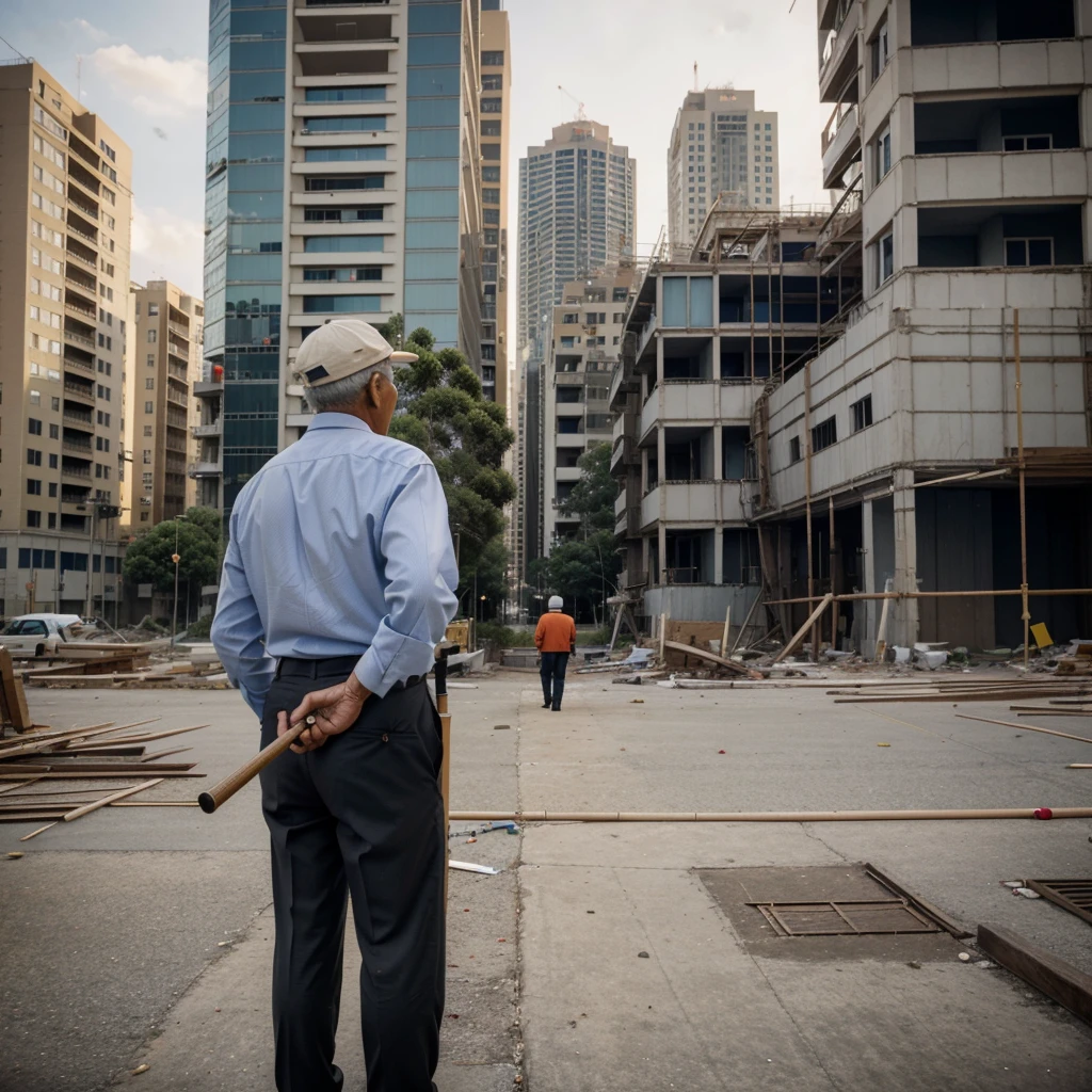 An image of a retiree in his 70s, well dressed, with a cane, looking back at the construction of a block of buildings, without being finished, with tall construction cranes