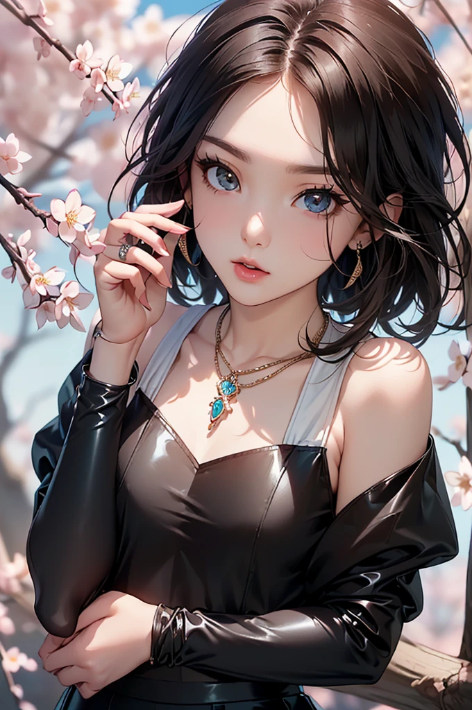 ((Biologically correct limb count))、((Full Body Shot, Full-body photo including face、Head to toe photos))、4K、masterpiece、((Focus on the face))、((Symmetrical facial features))、Eyes of meticulous depiction、Beautiful woman、Excellent style、Beautiful feet、(Black Stockings、High heels with anklets)、Facial detailing、Small earrings、necklace、((Close-up photo of the upper body))、(Latex shirts、Latex skirt)、Morning park scenery during cherry blossom season、Low - Angle、(Shy)、