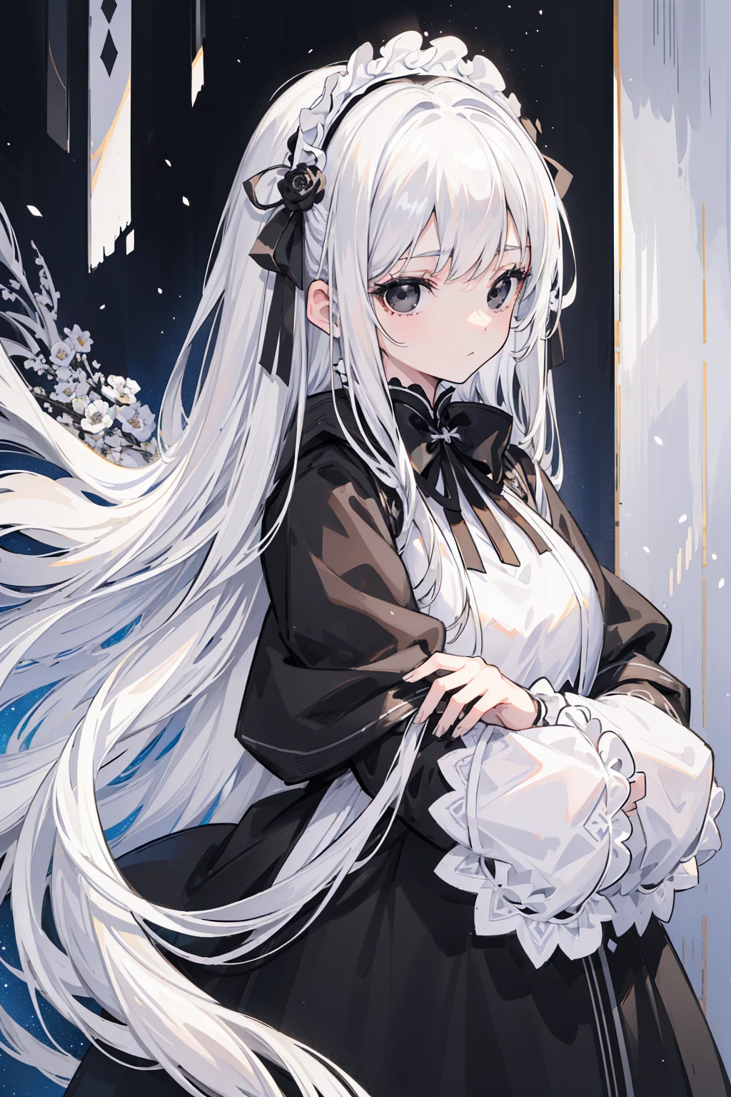 (Top image quality)、(Very detailed)、(Facing forward)、Top quality、masterpiece、(((1 girl )))、Silver Hair、White hair、((Long hair))、Weaving、(black eyes:1.6)、(White and black cheongsam)、Hooded dress、Lots of decorations、Lots of ribbons、White Ribbon、She looked grim.、Fluffy loose hair、ta