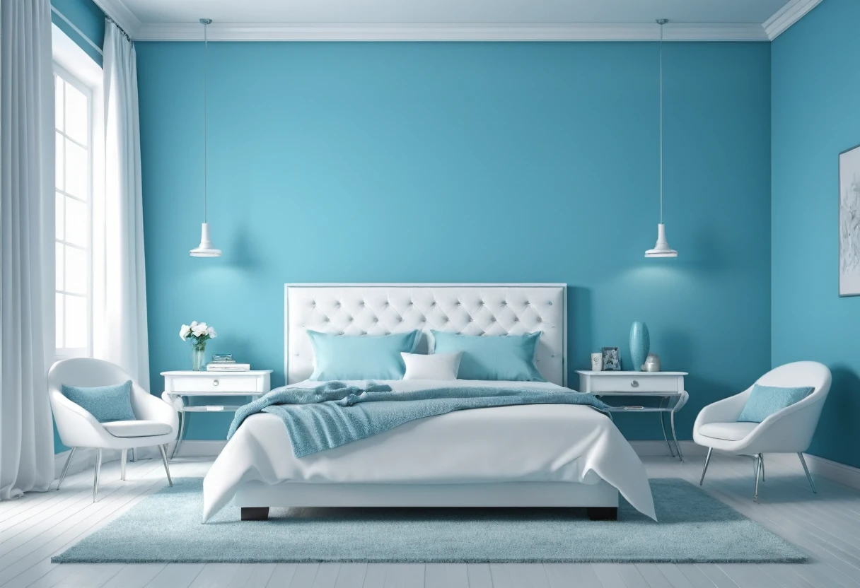 arafed bedroom with a bed, chair and a chair in front of a blue wall, bedroom background, bedroom interior, blue realistic 3 d render, elegant interior, brightly lit blue room, white bed, white and teal metallic accents, white and blue color scheme, personal room background, interior background, white furniture, white and pale blue toned, an interior of room