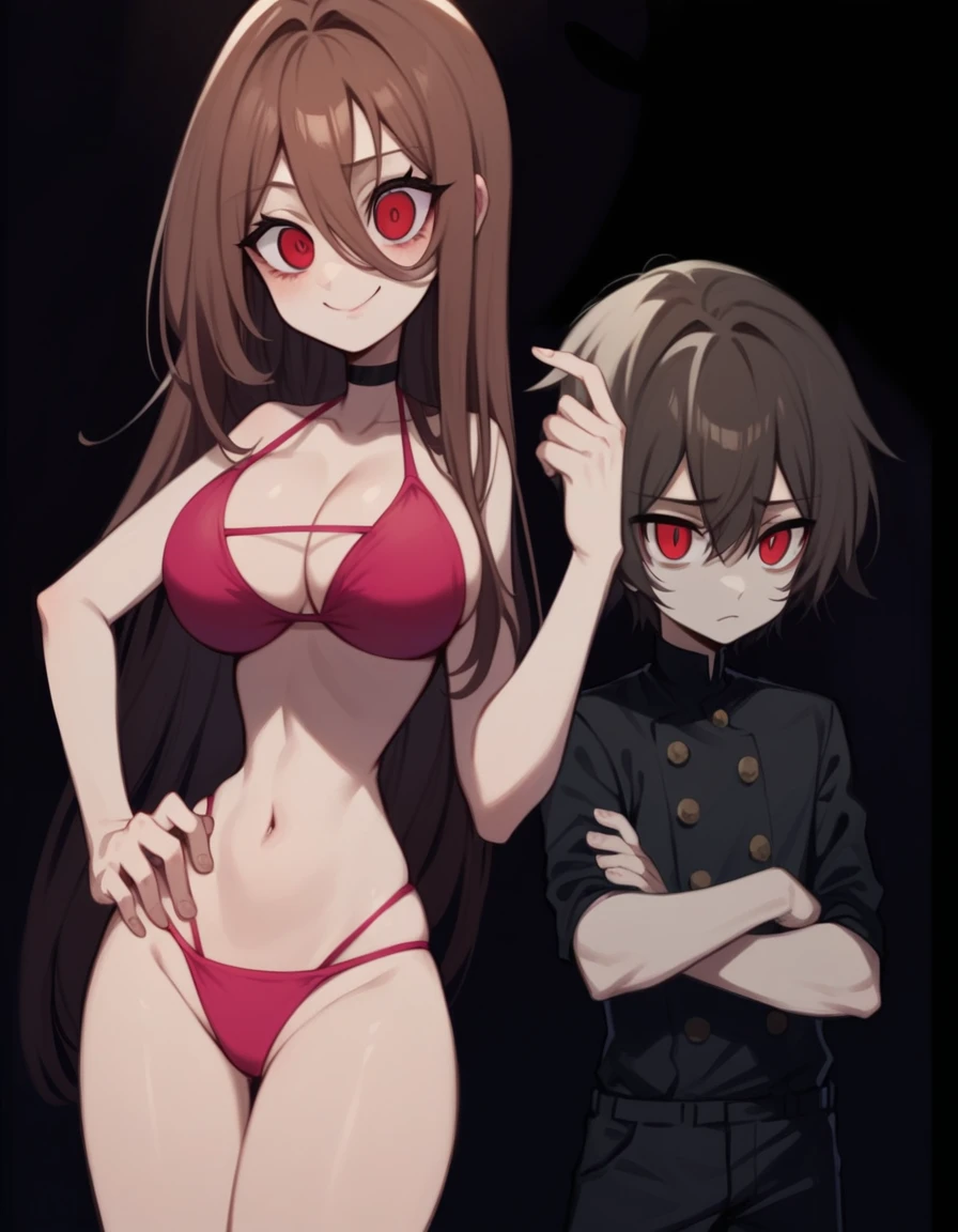 masterpiece, 4k, details, extreme details, high resolution, 1 woman , long brown hair, red eyes, mischievous face, smile, pink bikini, belly, large breasts , standing on your hips // masterpiece, 4k, details, extreme details, high resolution, 1 boy , messy brown hair, red eyes, shy face, gakuran shirt , black dress , black pants , cross your arms , black background