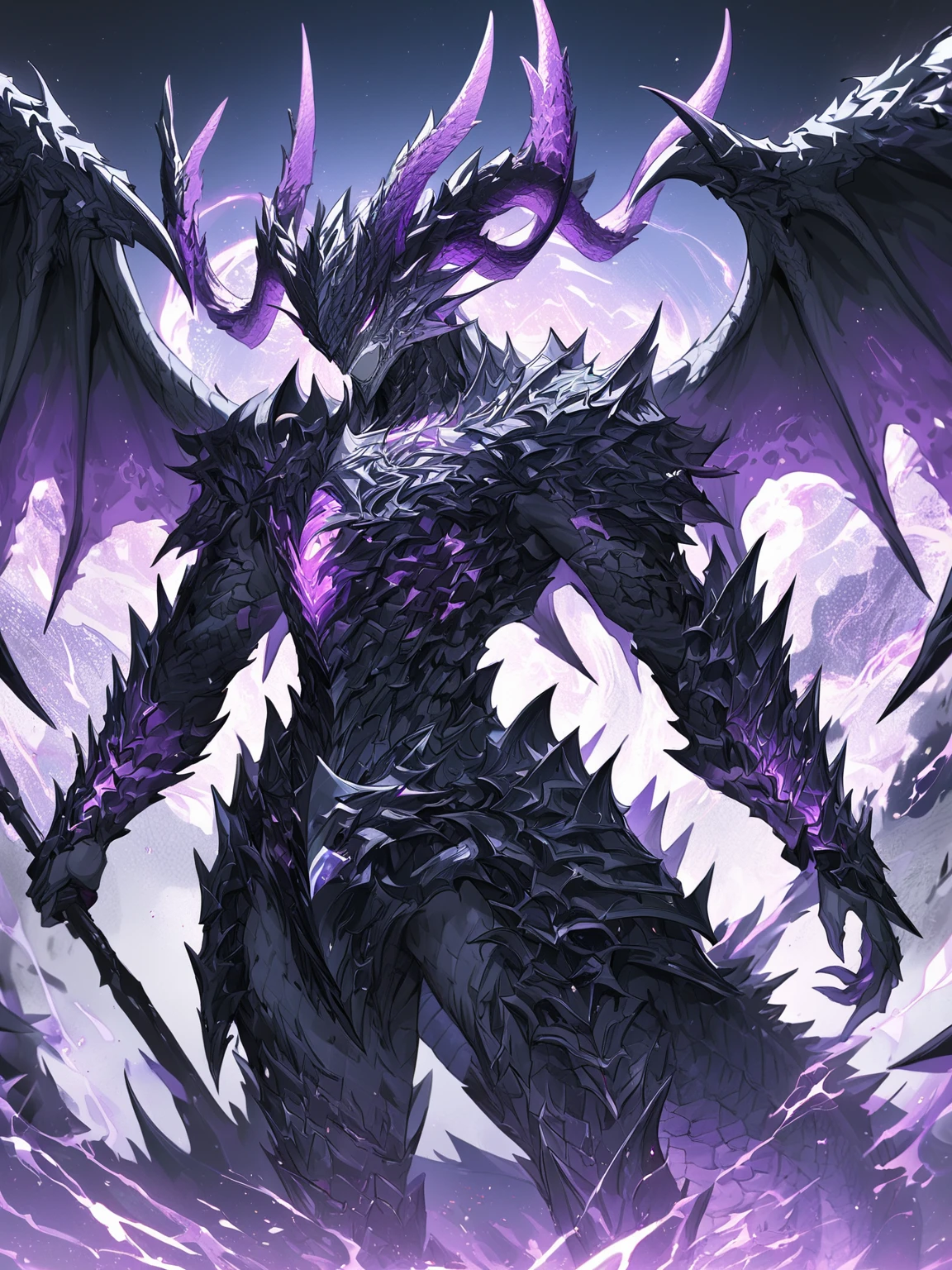 Masterpiece, Very detailed, ultra detailed, one, (1 man), man with a V-shaped body, Gray skin colour, dragon horns, two large dragon wings, full detailed dark obsidian armor with light purple details that seemed like a purple fire. Long black hair combed back, and reptile eyes that shine crimson-purple. In the style of manhwa "Omniscient Reader's Viewpoint"