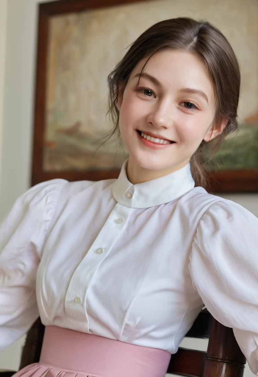 Florence Nightingale, (Ballet Costumes), sit on the chair, Smiling at the camera, White formal shirt, Loose button collar, Nipple lumps, Long dispersion, (Beautiful illustrations: 1.4), (Renaissance art: 1.4), (Ultra-high resolution: 1.2), (Photorealism: 1.4), (8K, original photo: 1.2), (Soft Focus: 1.4), ( 18 years old: 1.3), (Clear focus: 1.4), Beautiful face,Attention to detail, Pure rose face_v1