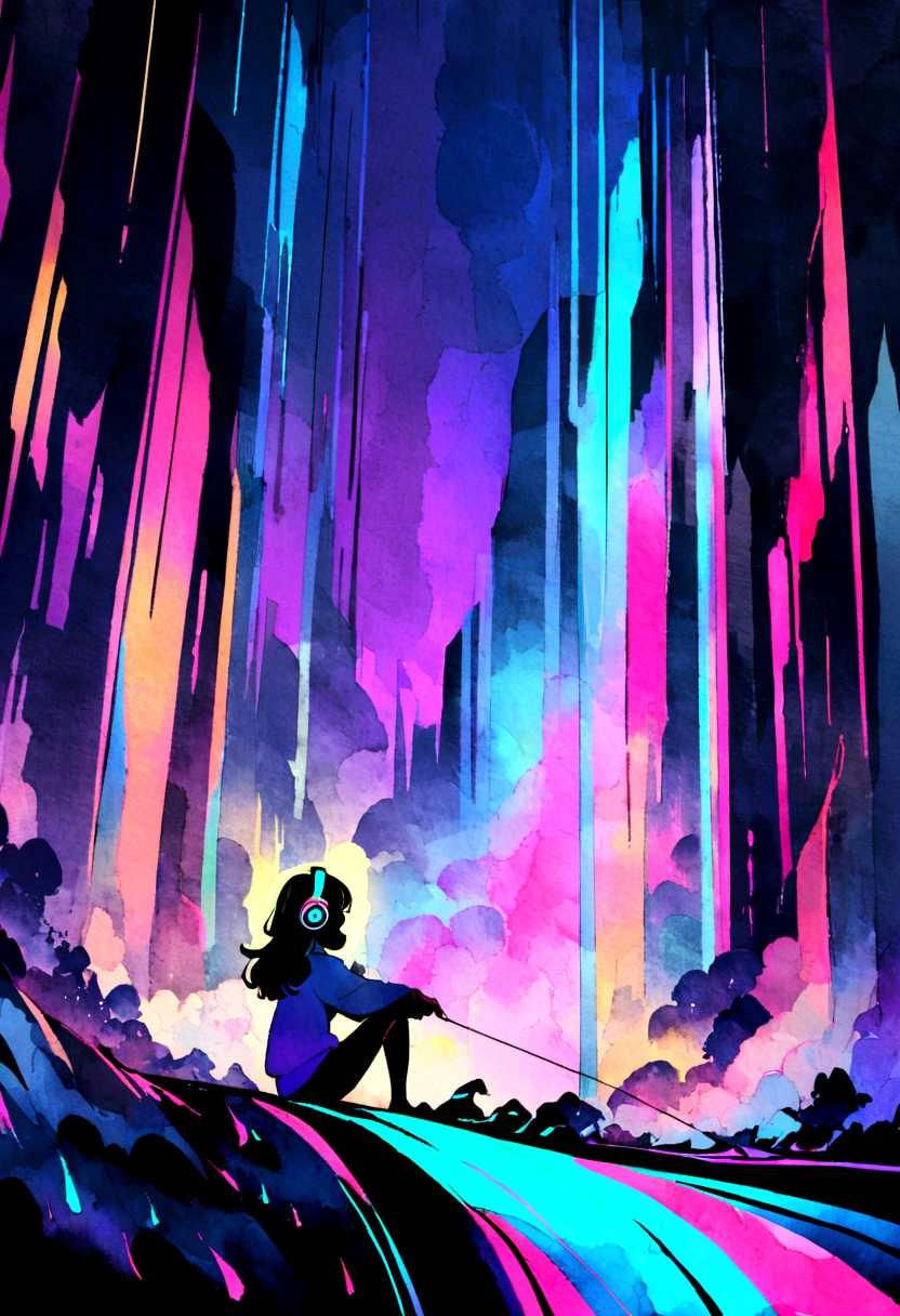 European hippie girl meditating in her room, dream, Wear headphones, night lighting, Neon scenery on a rainy day, Analog Color Theme, Lo-fi Hip Hop , review, flat, 2.5D ,Draw a line, Ink painting, Large slope, Watercolor, Goosh Colors, Studio Ghibli style, Great colorful, Outerton, Krautlock, Lofi Art, 70s style,Old Texture, amplitude,Psychedelic atmosphere, masterpiece, Great technology,