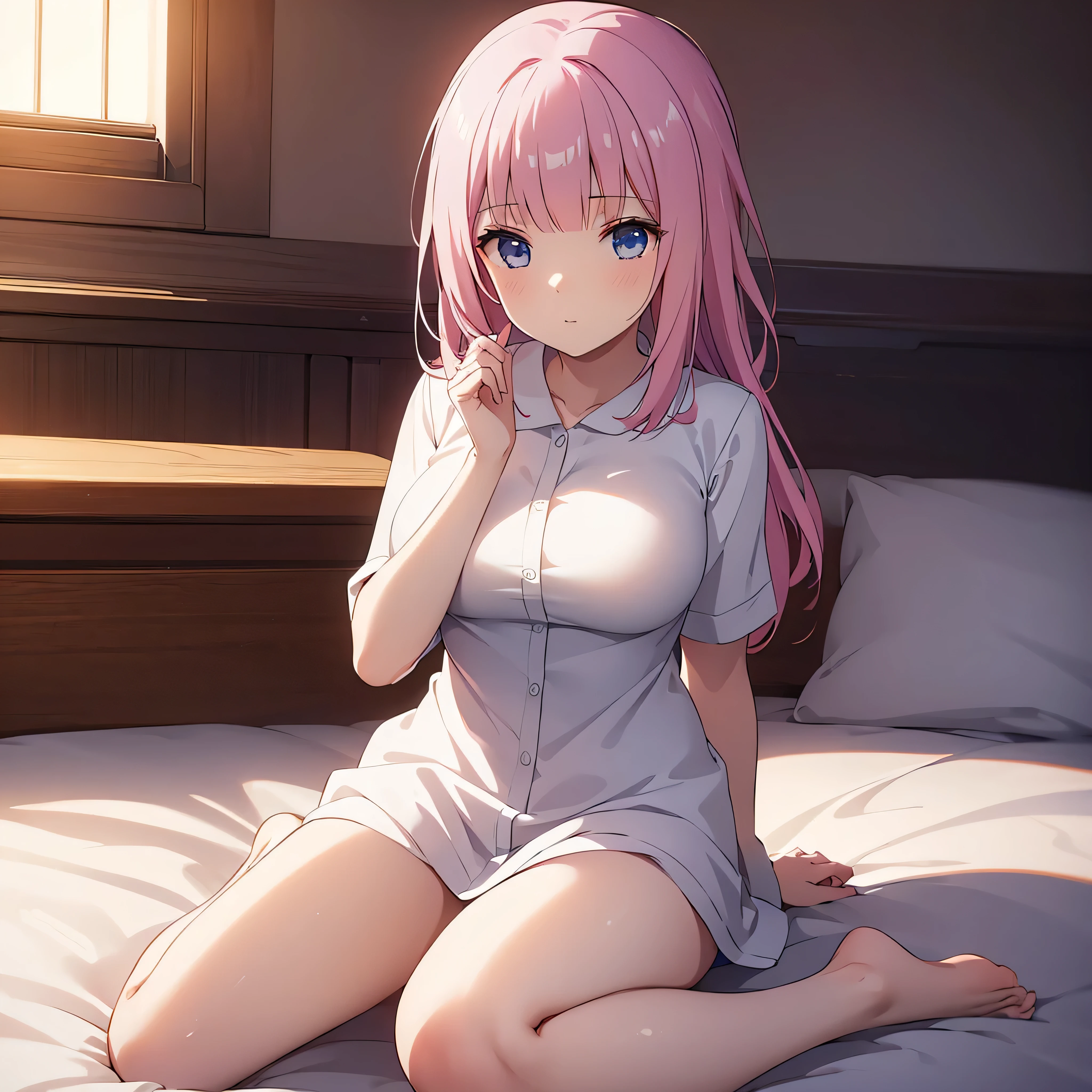 ((masterpiece)), ((Best Quality)), (Ultra-detailed), Anime style, Cute , 1girl in, Solo, 8k, sitting on the bed , no pant,nobra