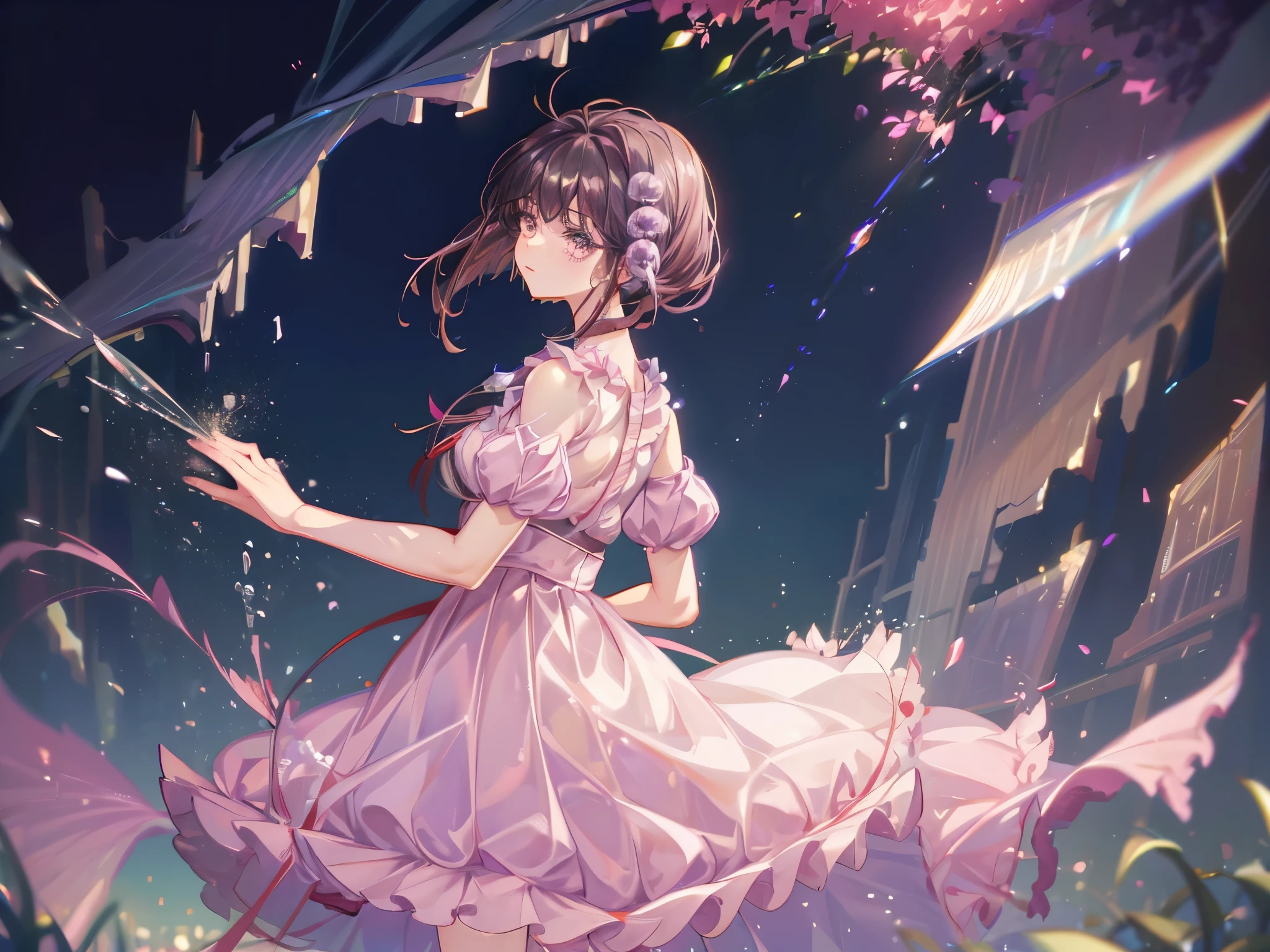 (masterpiece, Absurd quality, Highest quality, Official Art, beautifully、aesthetic, light blue:1.2), (dark:1.5), Shining art,16K, detailed, Curvaceous, (Abstract background:1.5), (Blurred Background:1.5), Cinema Lighting, Golden Ratio, Beautiful lighting, Zhou Haoguang, Particles of light, Realistic Shadows,Soft lighting, Cute girl, 非常にdetailedな, colorful, 最もdetailedな, pastel colour, (Conversion Sequence), , Cinema Lighting, Cowboy Shot, View your viewers, landscape, scenery, scenery, Flower Field, lipstick, (eyelash:1.5), 非常にdetailedな顔, (Pale skin:1.2), (Perfect Legs, Perfect hands, Perfect Anatomy),Depth of written boundary, Speckled sunlight, Beautiful lighting, (alone:1.5), Floating Hair, (floating cloth:1.2), ,detailedな肌, 最もdetailedな face, Particles of light, Volumetric lighting, Intricate details, 細かくdetailedに, (Royal Society:1.5), (hair ornaments:1.2), Red choker, (Pale pink dress:1.2), (Voluminous ruffled skirt,:1.7), (Voluminous panniers:1.5), (lipstick:1.2), Shiny skin, Shiny Hair, Shining Face, (Shiny skin:1.2), (Shiny clothes:1.2), Abandoned building, Speckled sunlight, Outstretched arms, Renaissance period, (beautifully繊細な茶色の目:1.5), Religious paintings, (From the side:1.5), (From below:1.5), (Large Breasts:0.7), Beautiful breasts, A girl around 15 years old, Remaining, Dutch Angle, Sparkly Background, Overgrown, (ancient ruins:1.2), Dynamic Angle, (Translucent clothing:1.2), Outstretched Hand, Are standing, Abandoned, profile, Short sleeve,