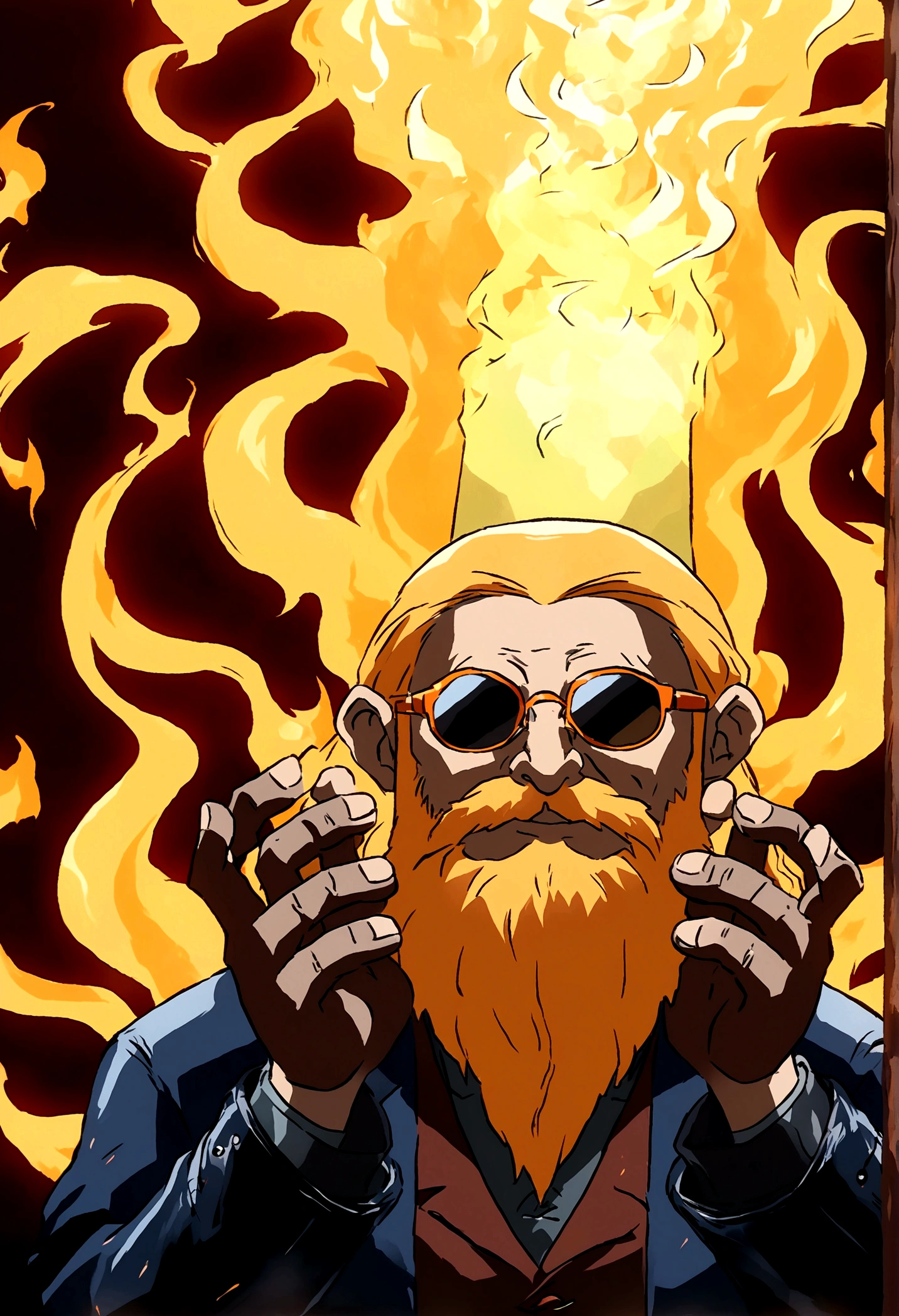 ((Background in the boiler room))，Baldhead，(There are four hands)，Fire in the head，sunglasses，Long beard，(Illustration style，Miyazaki animation style)