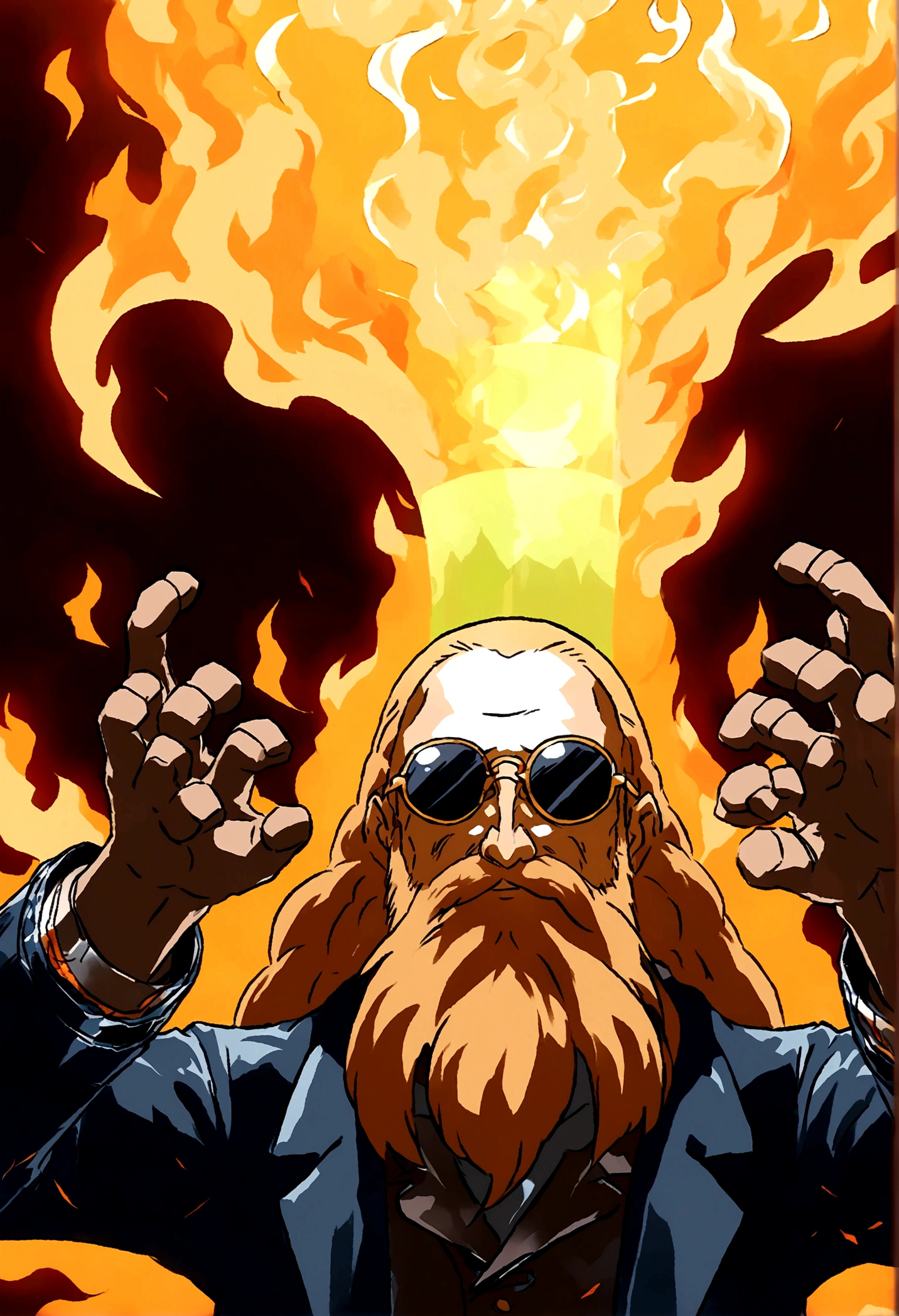 ((Background in the boiler room))，Baldhead，(There are four hands)，Fire in the head，sunglasses，Long beard，(Illustration style，Miyazaki animation style)