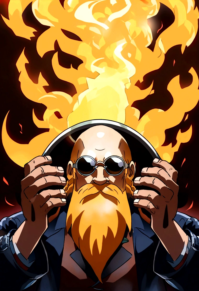 ((Background in the boiler room)),Baldhead,(There are four hands),Fire in the head,sunglasses,Long beard,(Illustration style,Miyazaki animation style)