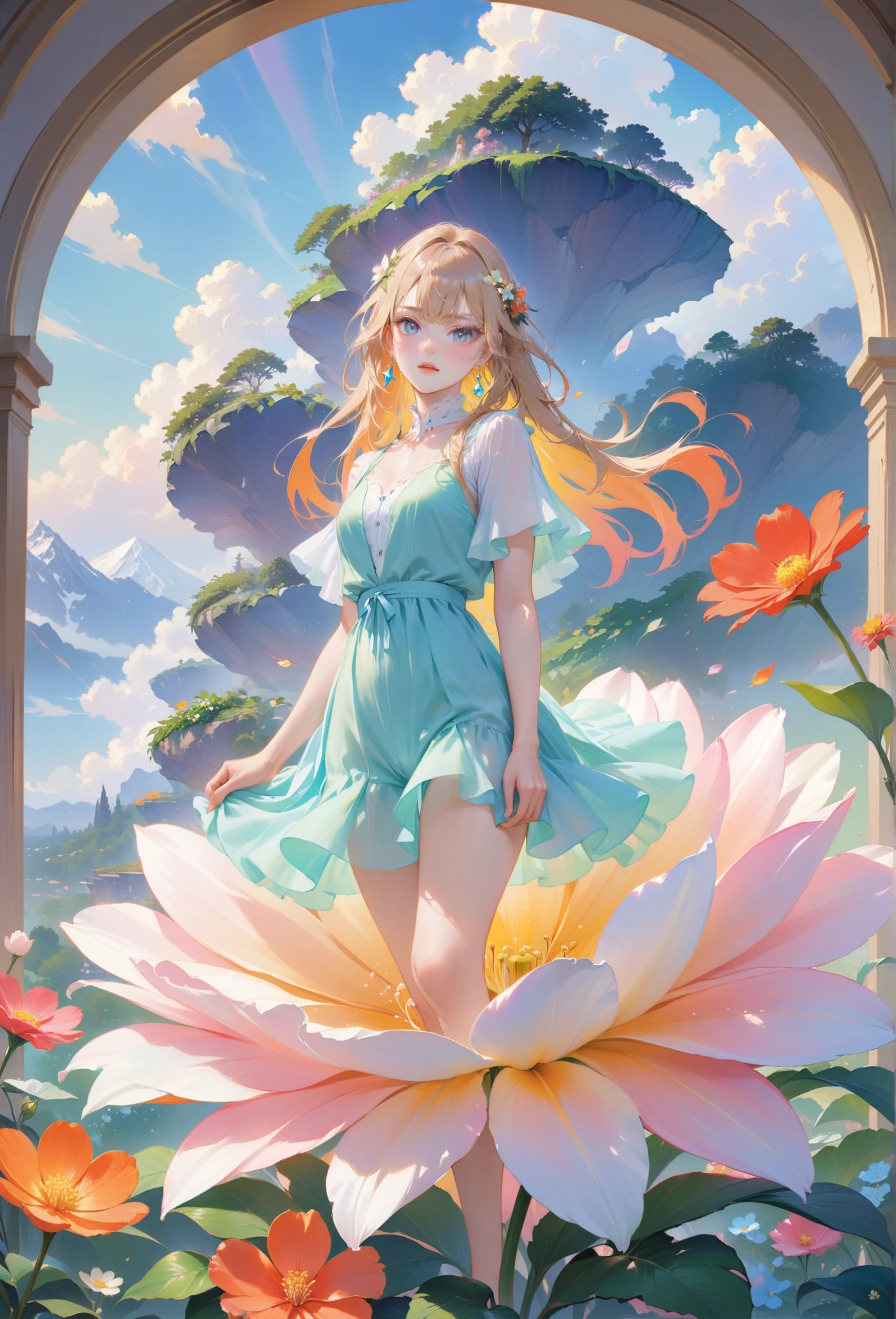 (best quality,4k,8k,highres,masterpiece:1.2),1girl,standing on giant flower,oversized_flower,on_flower,ultra-detailed,realistic:.75,delicate,vibrant color palette,ethereal atmosphere,peaceful,serene,soft sunlight filtering through colored glass,lush greenery,vividly colored blossoms,transcendent beauty,awe-inspiring artwork,face focus,dsmile:.25,