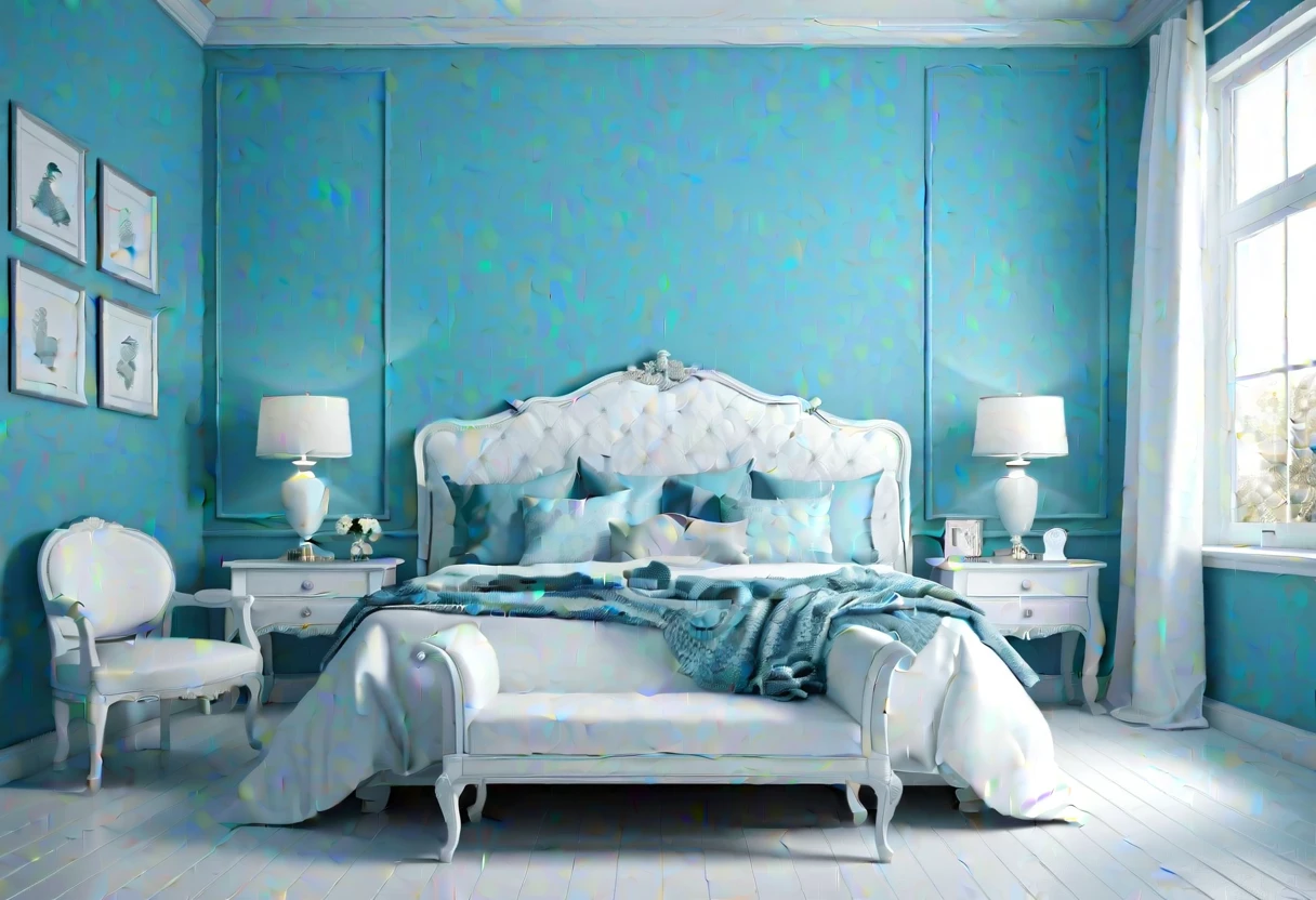 arafed bedroom with a bed, chair and a chair in front of a blue wall, bedroom background, bedroom interior, blue realistic 3 d render, elegant interior, brightly lit blue room, white bed, white and teal metallic accents, white and blue color scheme, personal room background, interior background, white furniture, white and pale blue toned, an interior of room