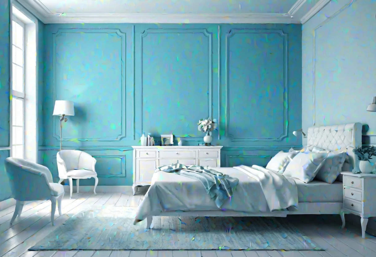 arafed bedroom with a bed, chair and a chair in front of a blue wall, bedroom background, bedroom interior, blue realistic 3 d render, elegant interior, brightly lit blue room, white bed, white and teal metallic accents, white and blue color scheme, personal room background, interior background, white furniture, white and pale blue toned, an interior of room