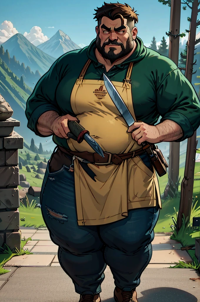 a cartoon image of a man with a knife in his hand, big Metzger man posing scarily, Ogre chef in an apron, Illustration concept art, extremely realistic concept art, realistic character concept art, He has big knives on his belt, Concept art illustration, Concept art by Greg Rutkowski, extremely detailed concept art, Metzger, professional concept art, senior concept artist