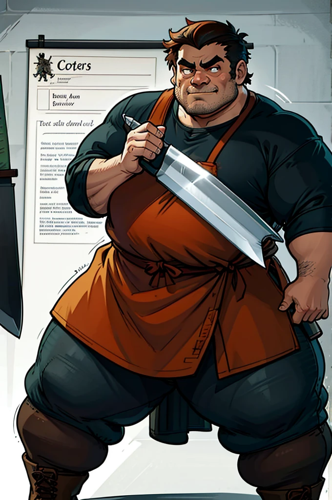 a cartoon image of a man with a knife in his hand, big Metzger man posing scarily, Ogre chef in an apron, Illustration concept art, extremely realistic concept art, realistic character concept art, He has big knives on his belt, Concept art illustration, Concept art by Greg Rutkowski, extremely detailed concept art, Metzger, professional concept art, senior concept artist