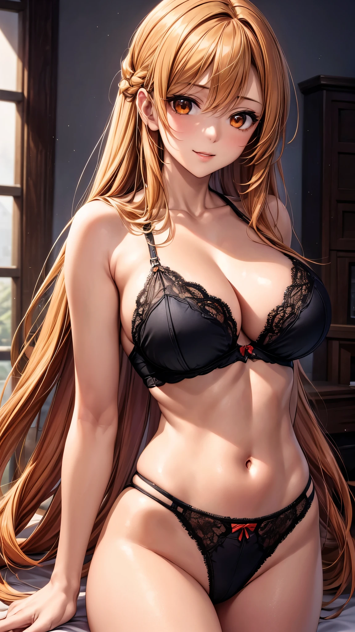 masterpiece,(Highest quality, High resolution, Realistic), (Upper Body:1.4),Focus on the face,Portraiture, (focus on face:1.4),Elegant mature woman, Long Straight Hair,(Crown Half Up),Orange eyes,Orange Hair, arms behind back,Aesthetic Anime Eyes,Large Breasts, Ultra-detailed CG 8k, Beautiful CG, Soft Light,smile,Black underwear,